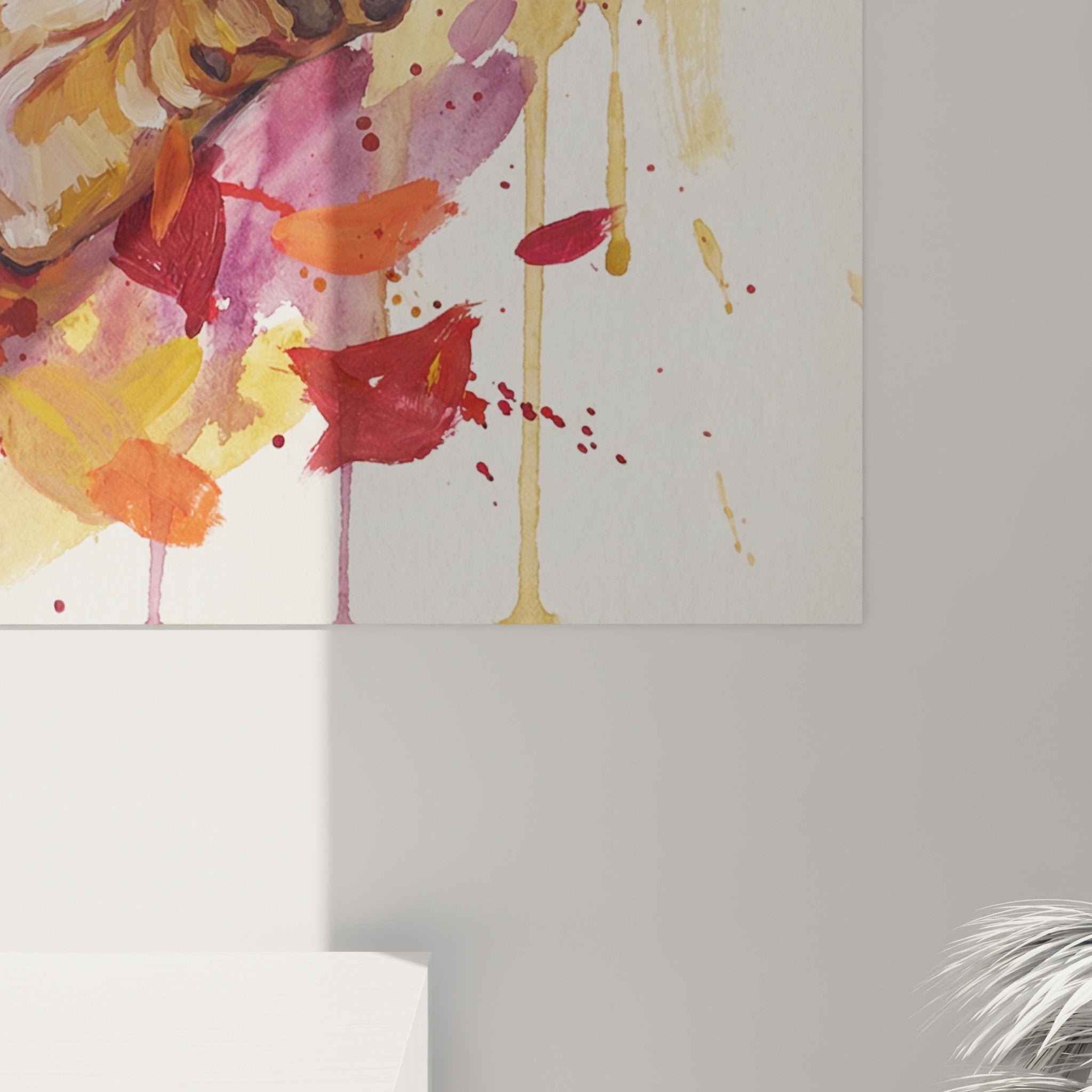 Vue ensemble tableau Bullmastiff dynamique fond abstrait éclaboussé tons chauds décoration intérieure