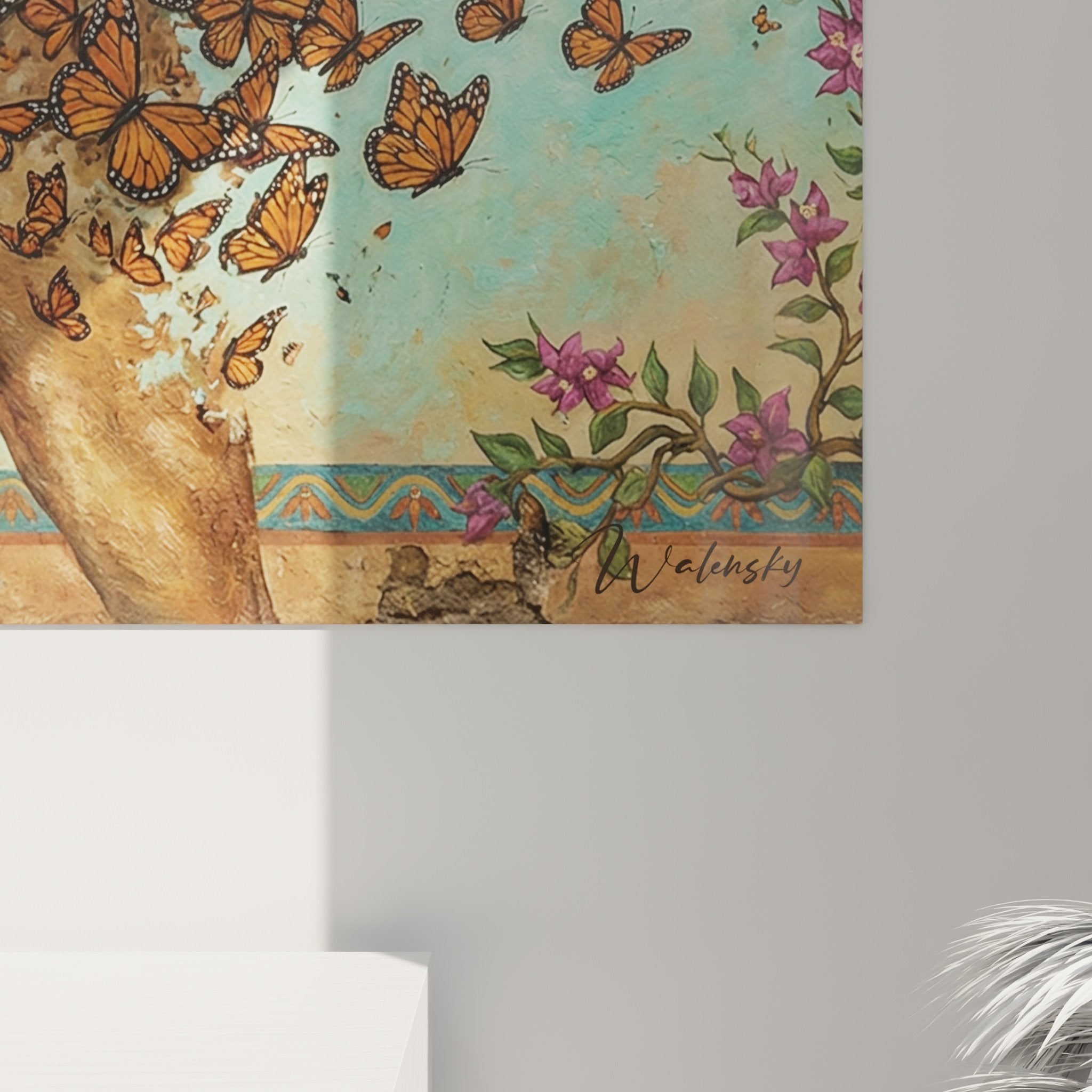 Vue ensemble tableau mural bullmastiff papillons decoration interieure art contemporain canin