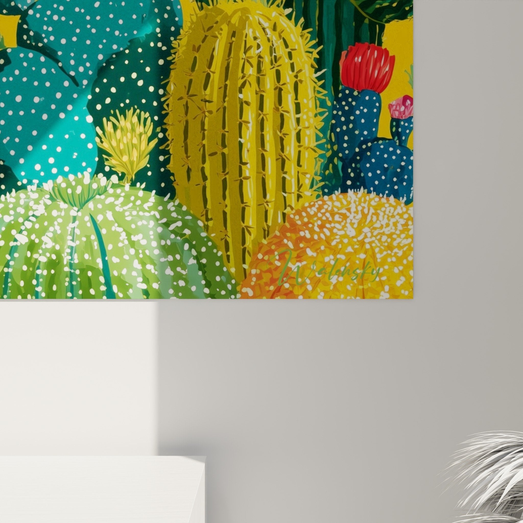 Vue ensemble tableau cactees multicolores salon moderne decoration murale contemporaine desert