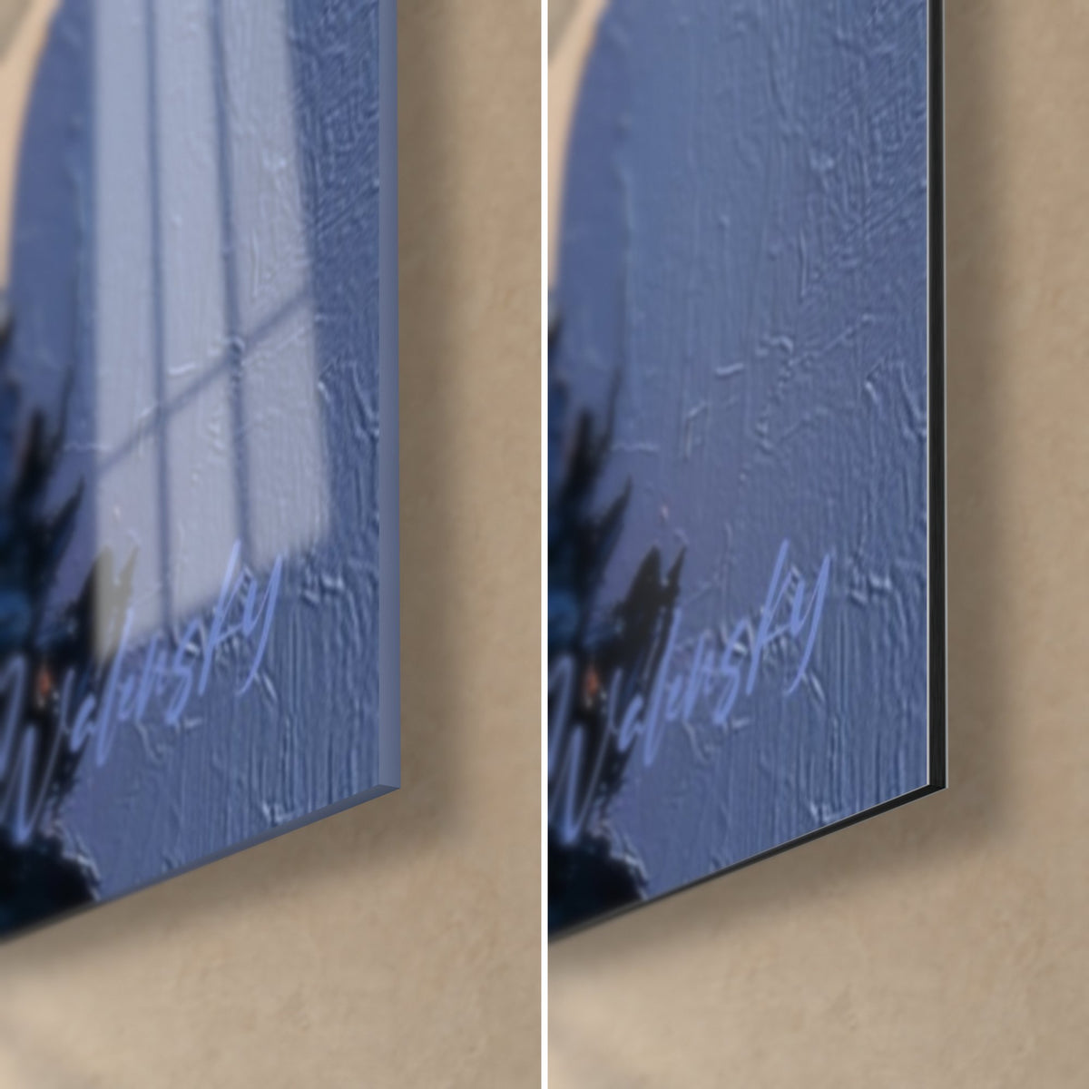 Tableau cactus aux épines orange, coin bas droit : verre brillant à gauche reflétant la fenêtre, Dibond bleu mat à droite