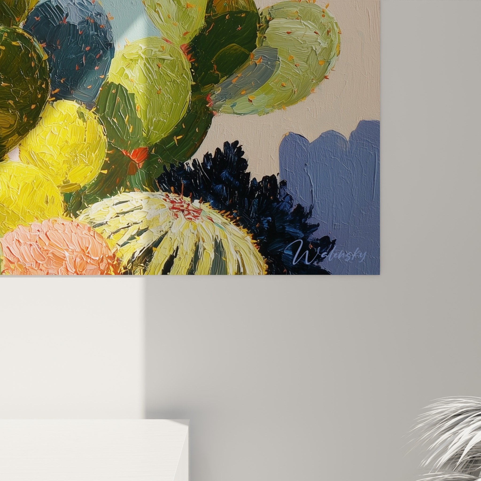 Vue ensemble tableau cactus multicolores cubisme décoration murale panoramique style contemporain coloré