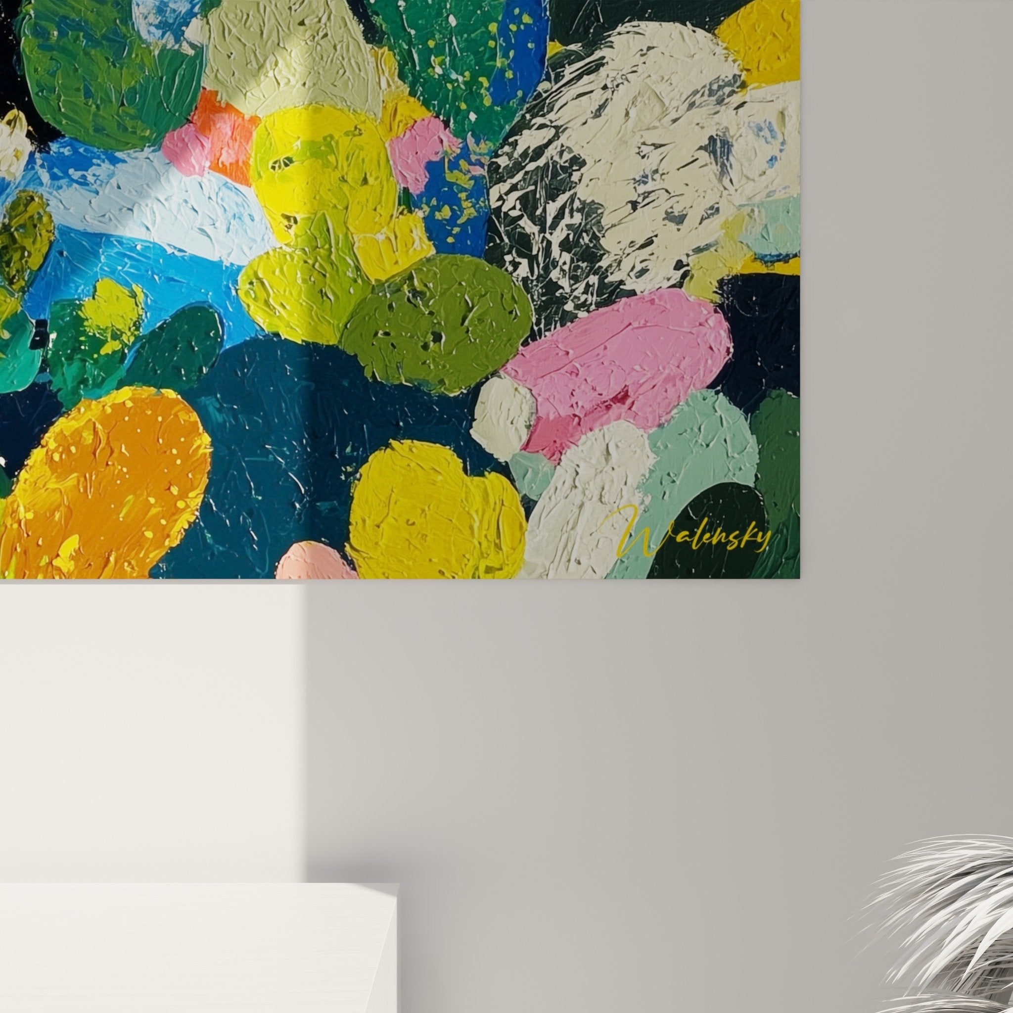 Vue ensemble tableau cactus cubisme, art mural coloré, décoration intérieur moderne végétal