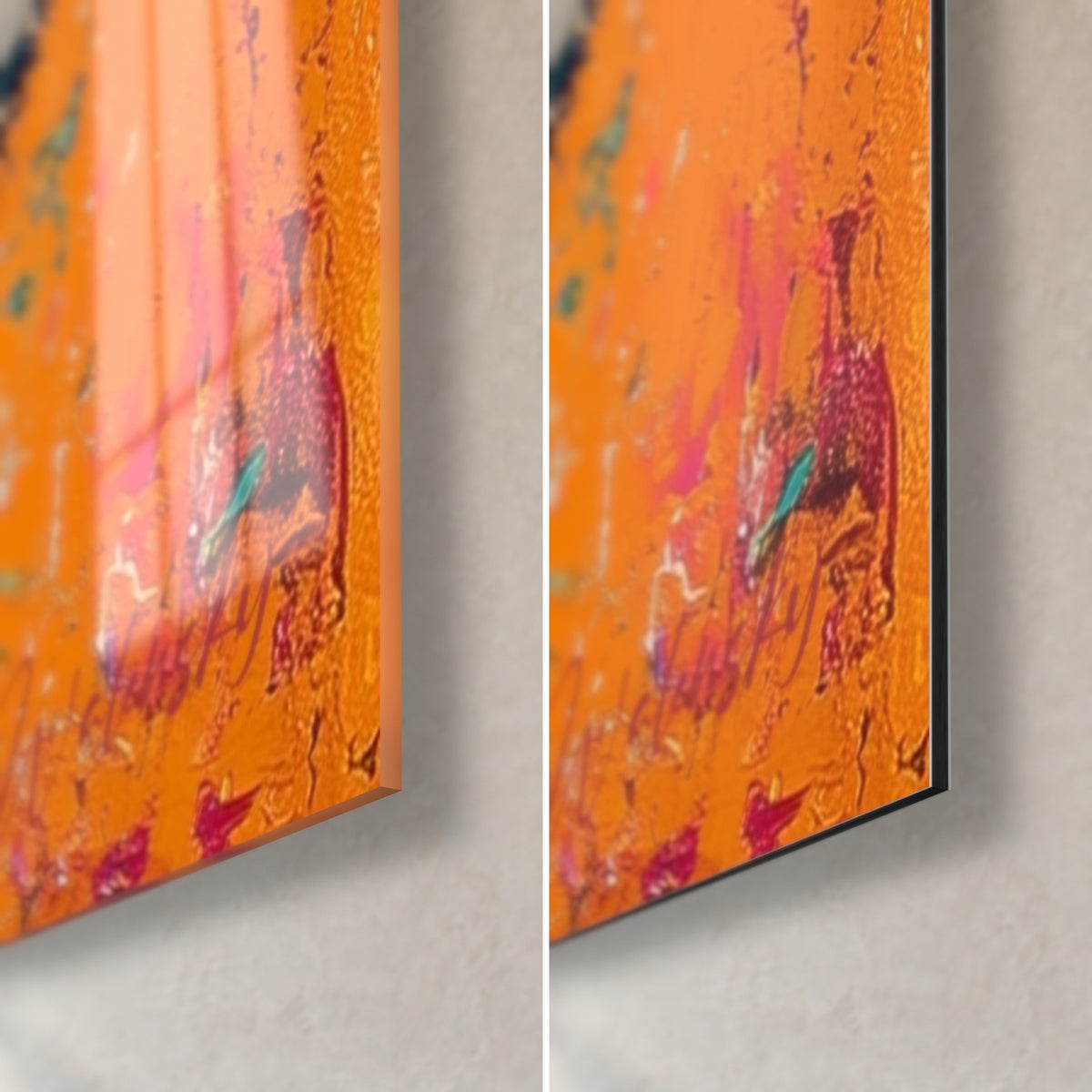 Gemälde blühender Kaktus in Orange und Rosa, untere rechte Ecke, Reflexe des brillanten Acrylglases und des matten 3-mm-Dibond-Aluminiums
