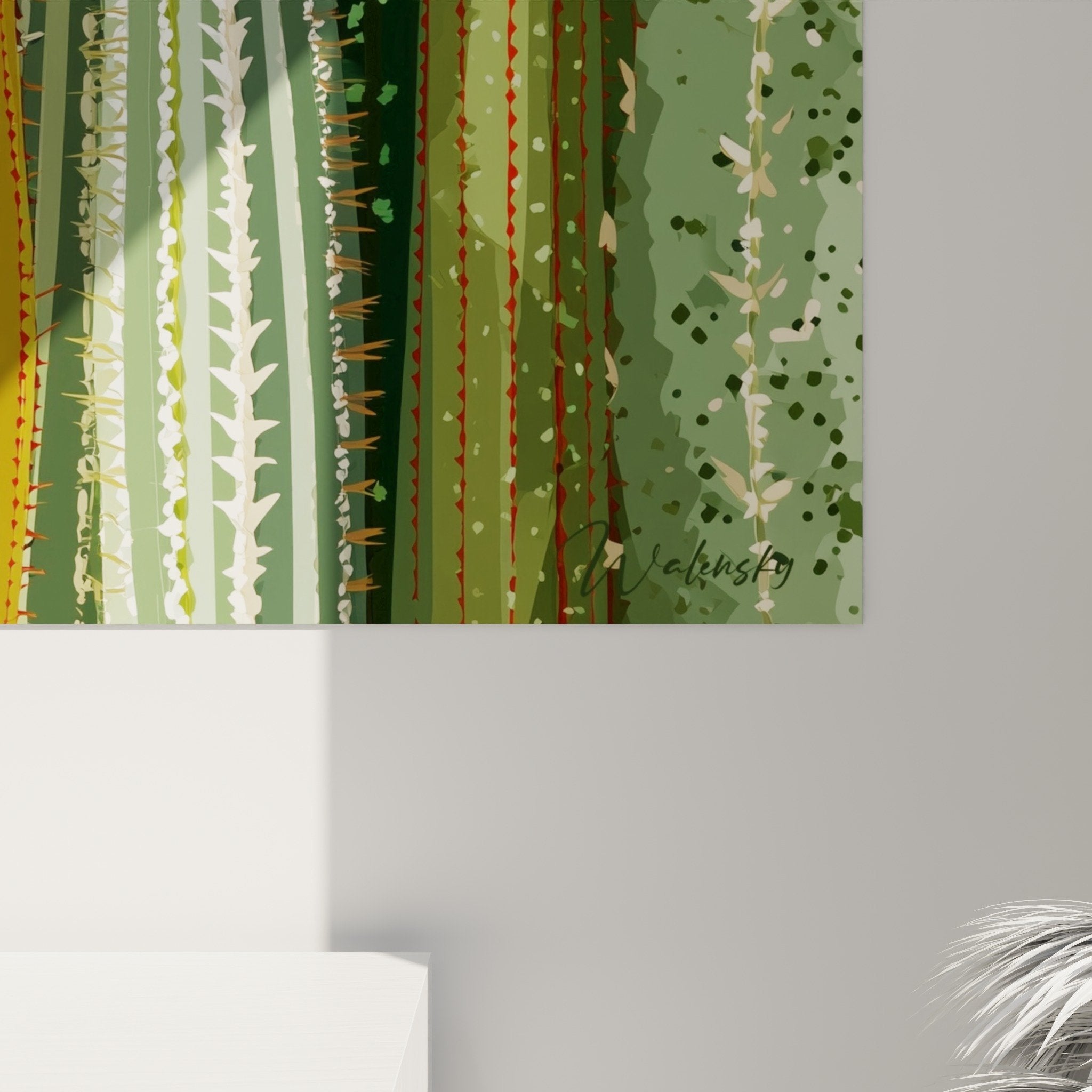 vue ensemble tableau cactus cubiste salon decoration murale composition geometrique coloree