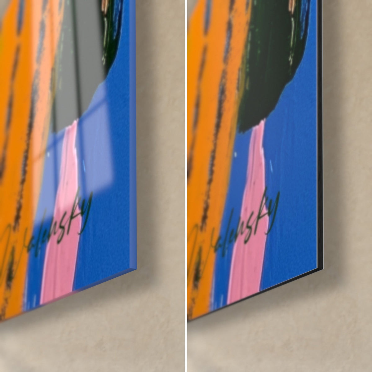 Wall art cactus with flat areas of royal blue, orange and pink, bottom right corner: glossy acrylic glass on the left, matte Dibond aluminium on the right