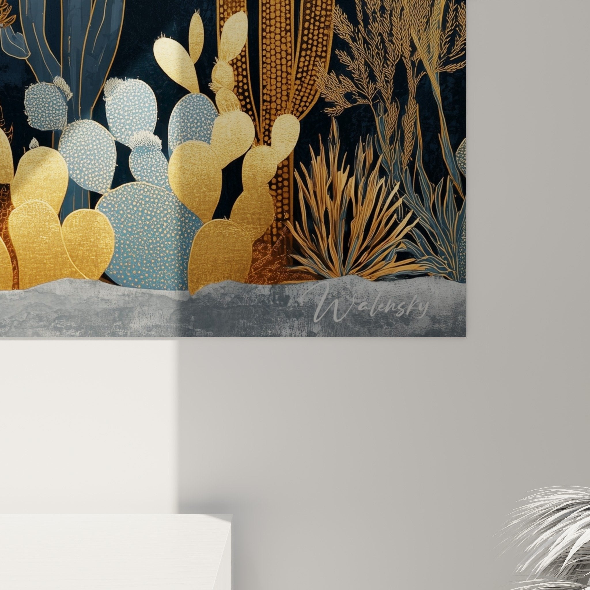 Vue ensemble tableau cactus désertique tons dorés bleus décoration intérieure moderne
