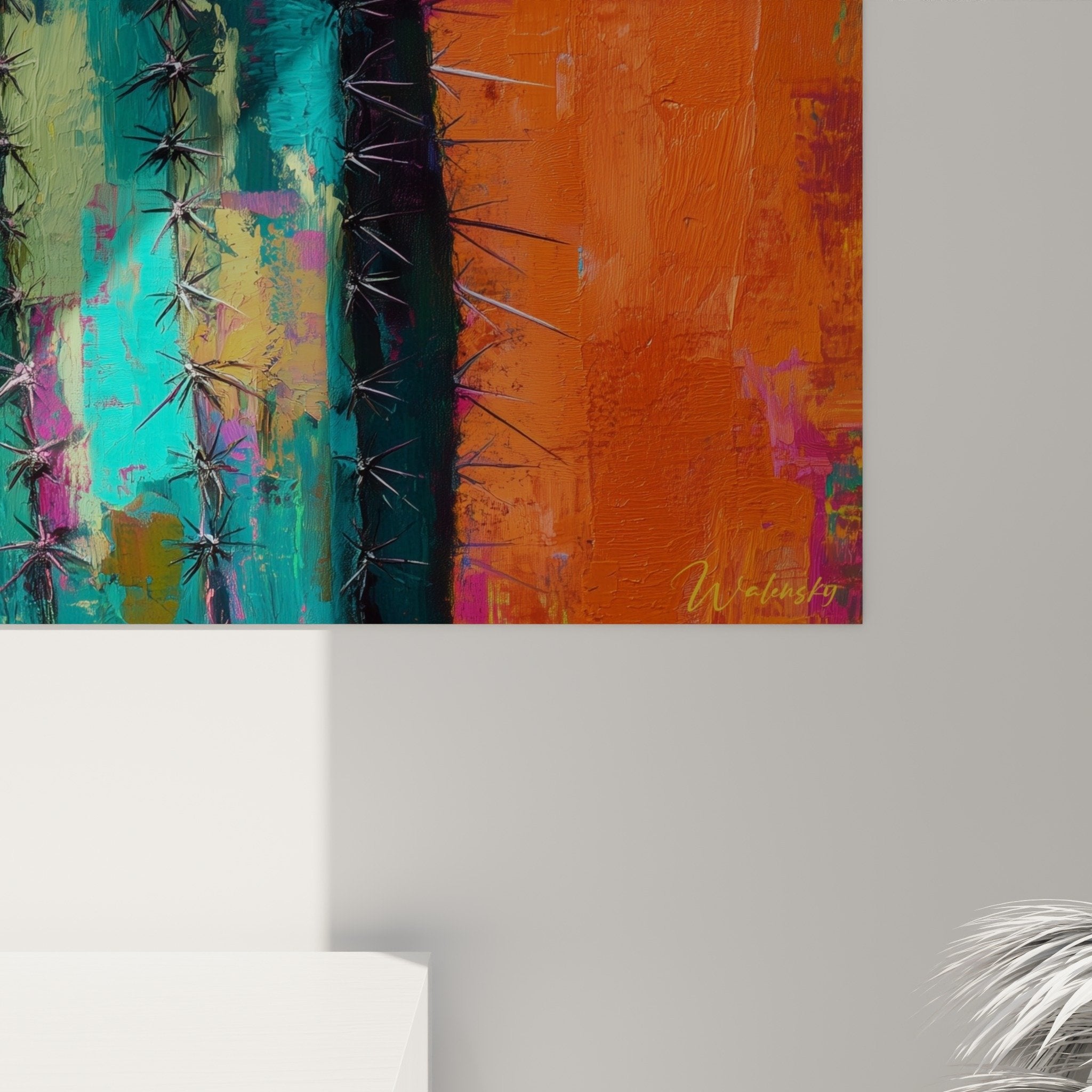 Vue ensemble tableau cactus fleuri couleurs vives orange magenta décoration murale