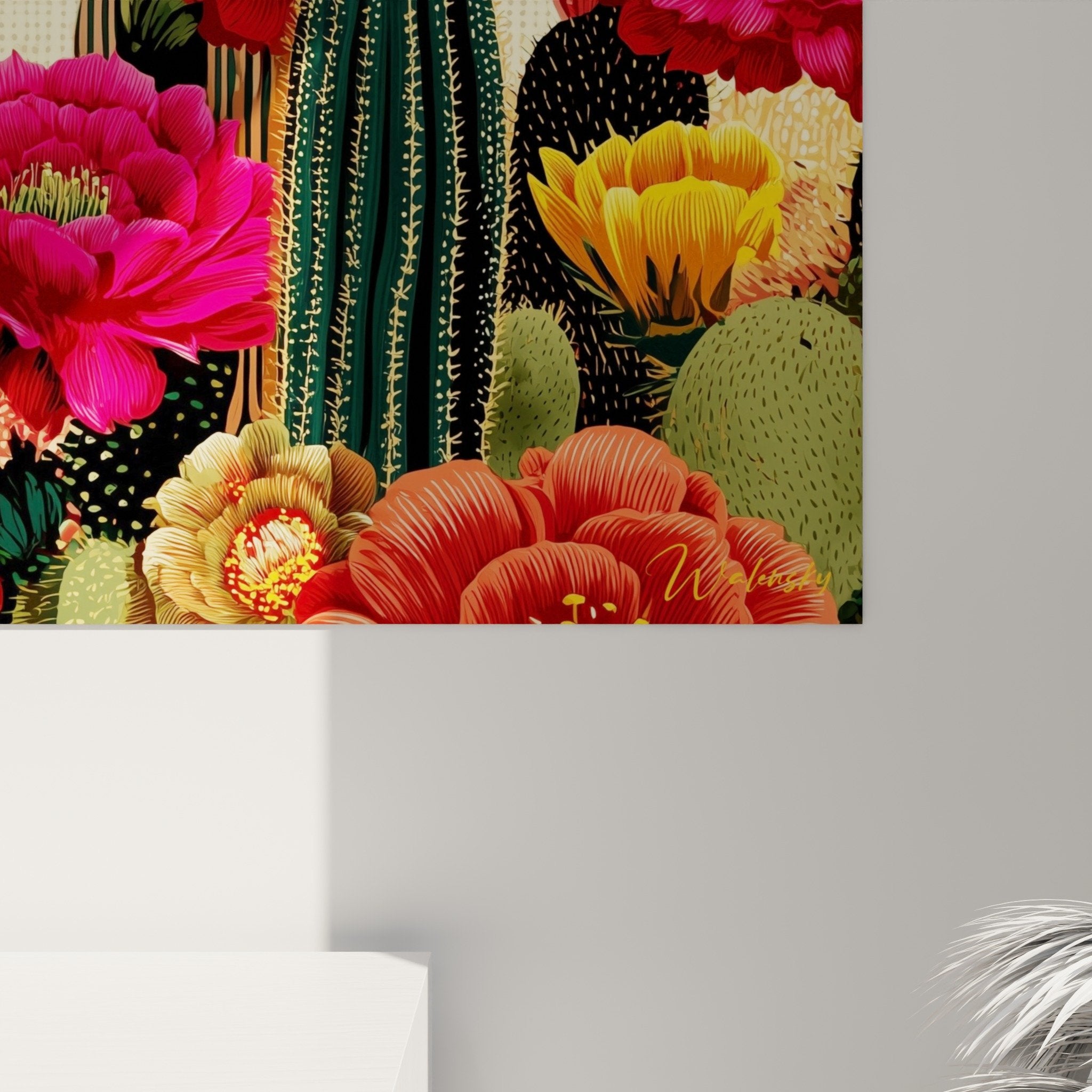 vue ensemble tableau cactus fleurs decoration interieur style botanique
