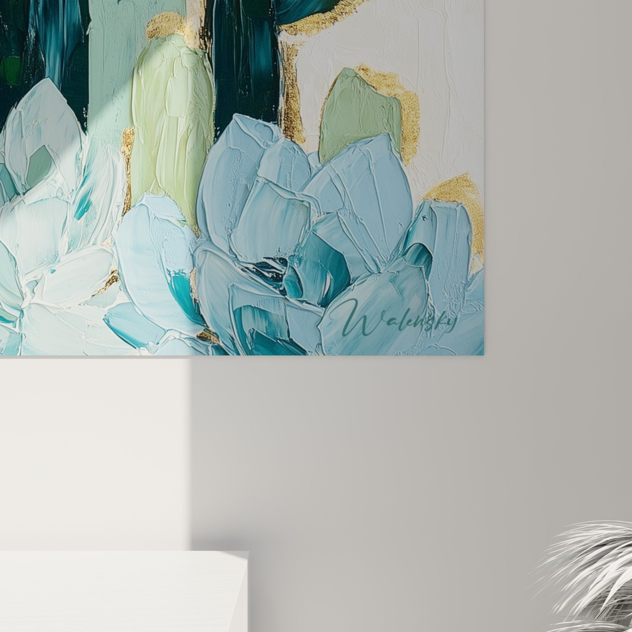 Overall view geometric blue and gold cactus painting modern living room wall decoration cubism