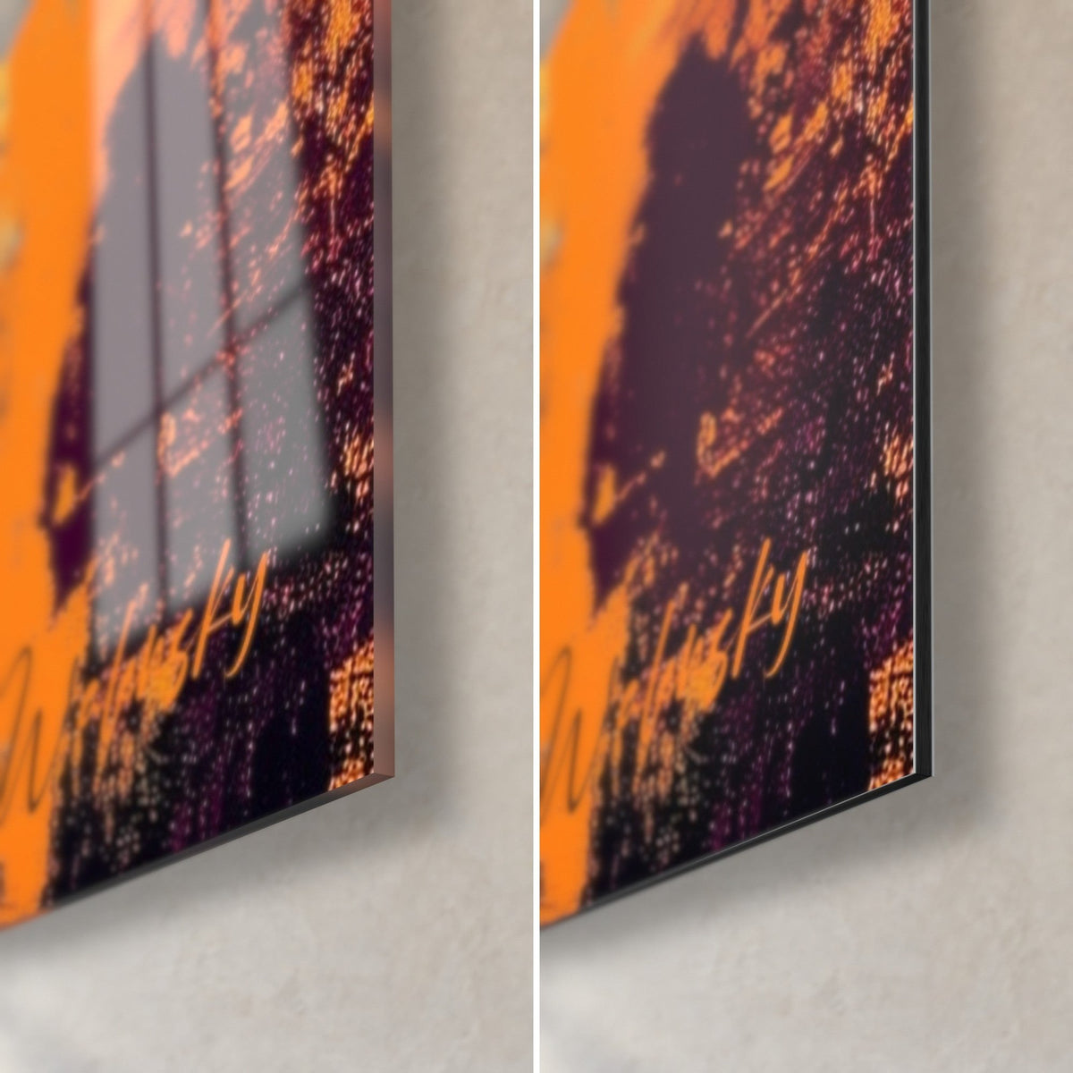 Tableau cactus fleuri en peinture épaisse, coin bas droit orange et violet, verre brillant à gauche, Dibond mat à droite
