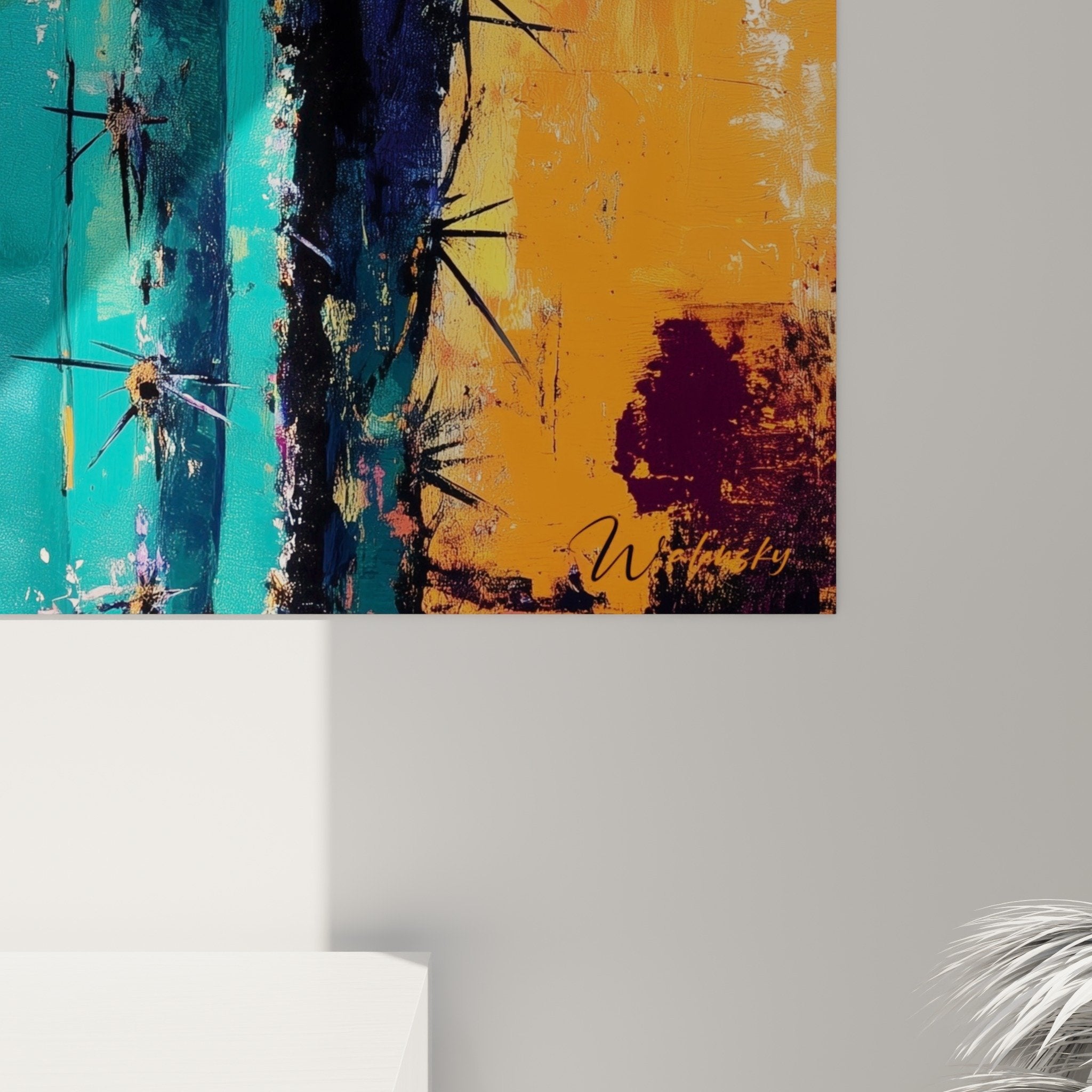 Vue ensemble tableau cactus turquoise orange salon moderne decoration murale cubisme contemporain