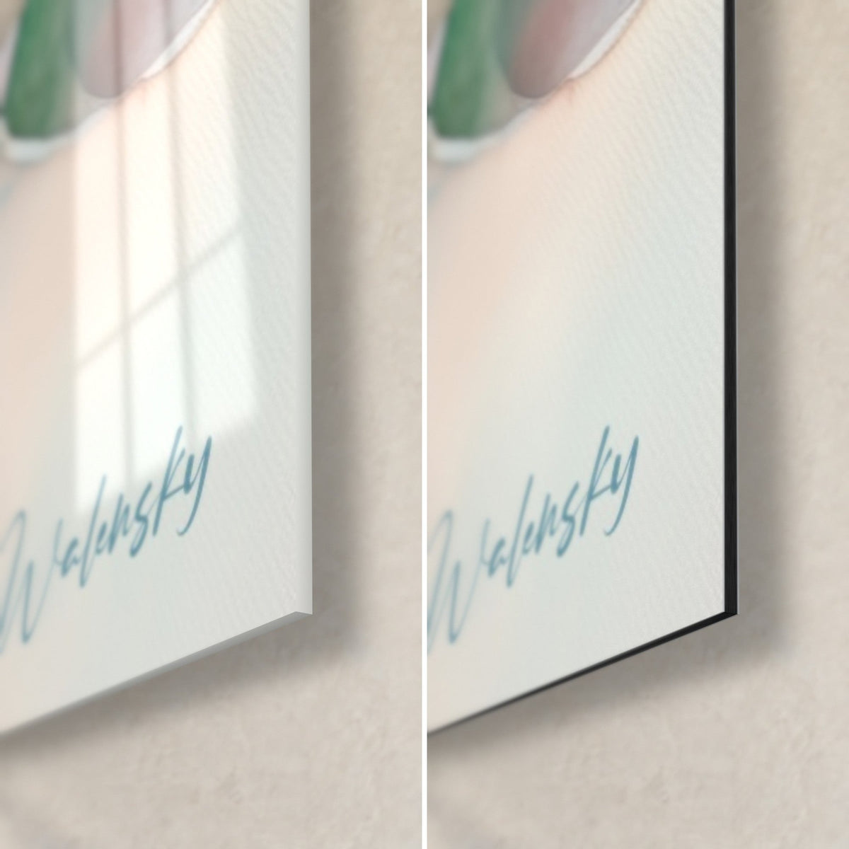 Wall art echeveria in turquoise blue and salmon pink watercolor, bottom right corner in glossy glass and matte Dibond aluminum, 3 mm edge