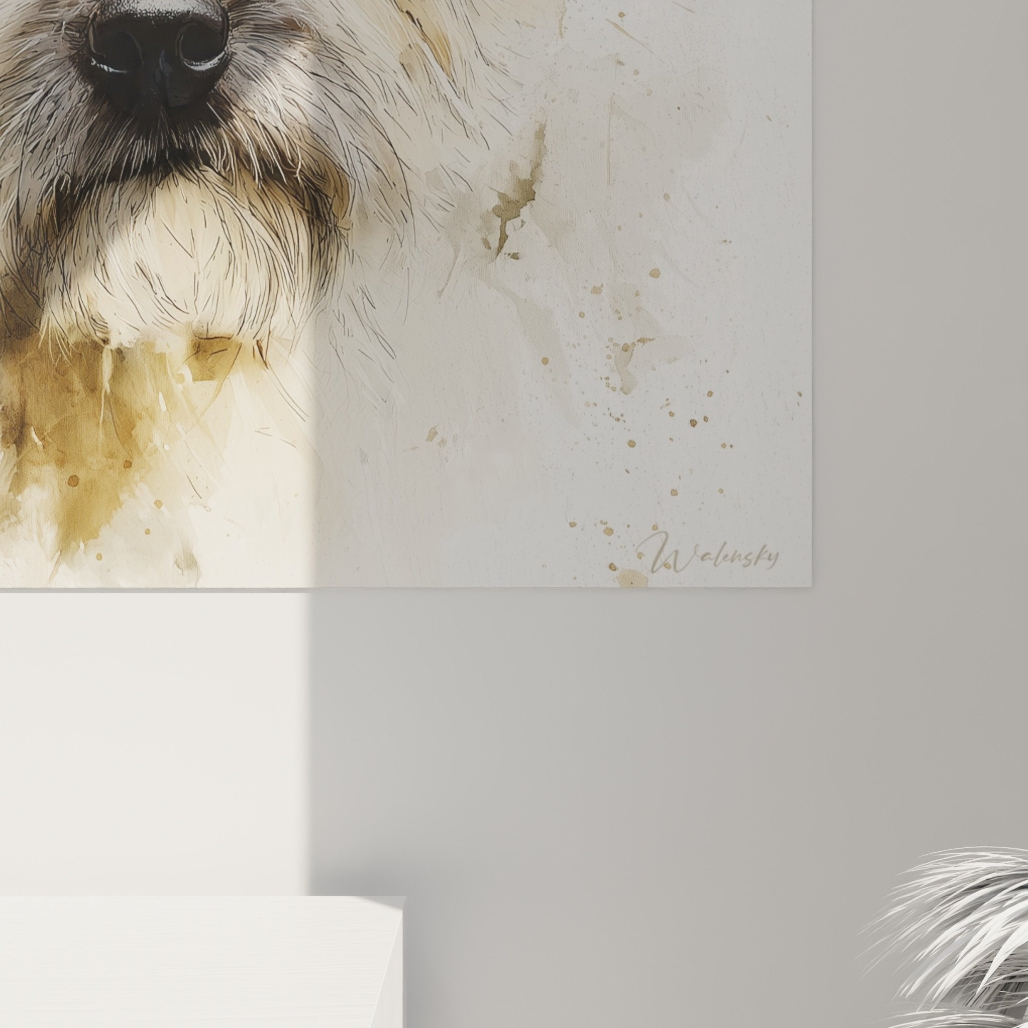 Vue ensemble tableau mural Cairn Terrier style aquarelle effets coulures artistiques decoration murale