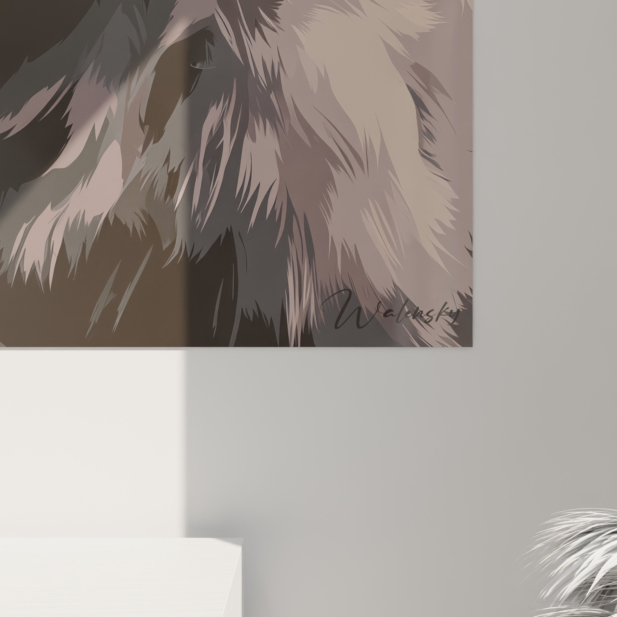 Vue ensemble tableau Cairn Terrier geometrique couleurs pastel decoration interieur moderne style artistique