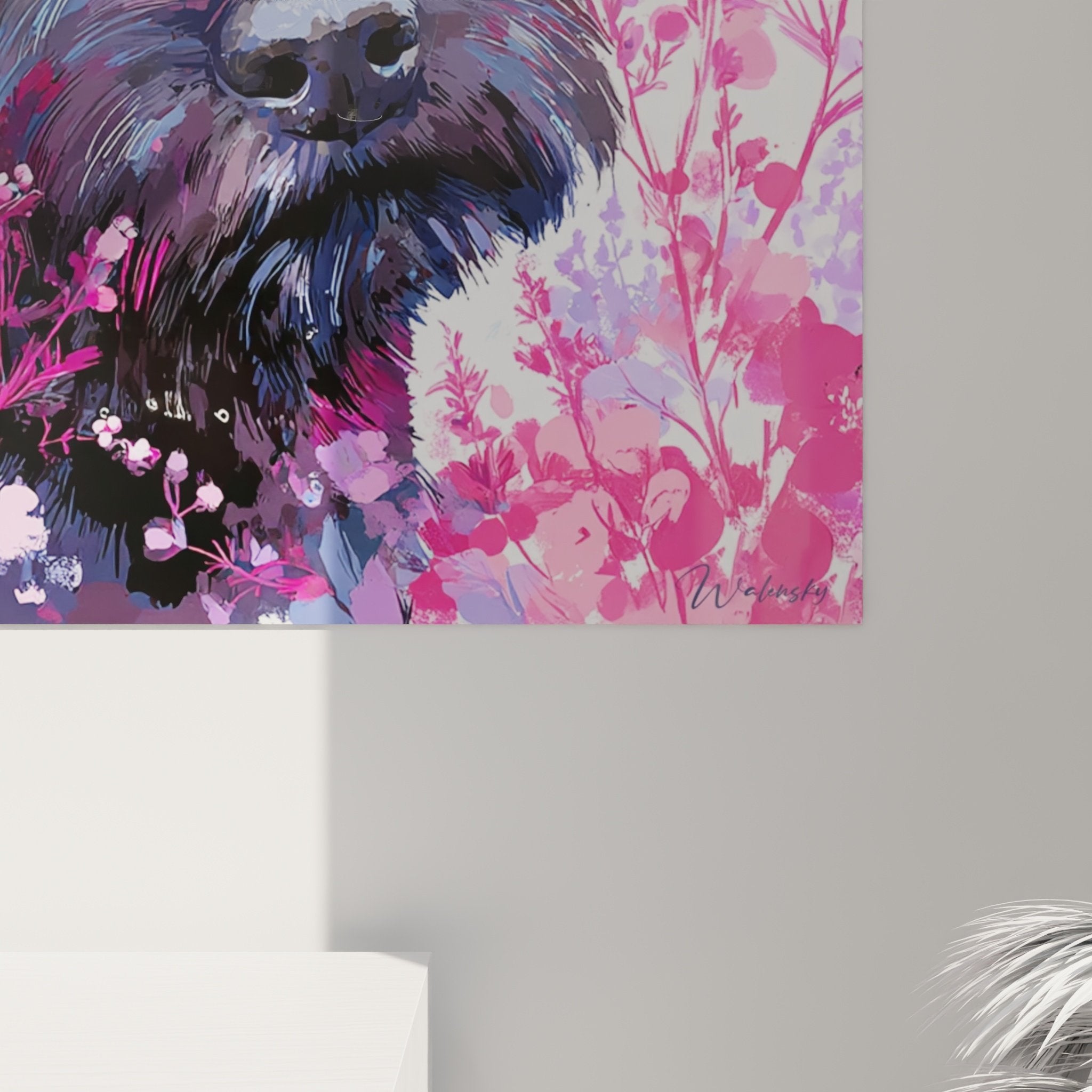 Vue ensemble tableau mural Cairn Terrier style artistique floral rose violet