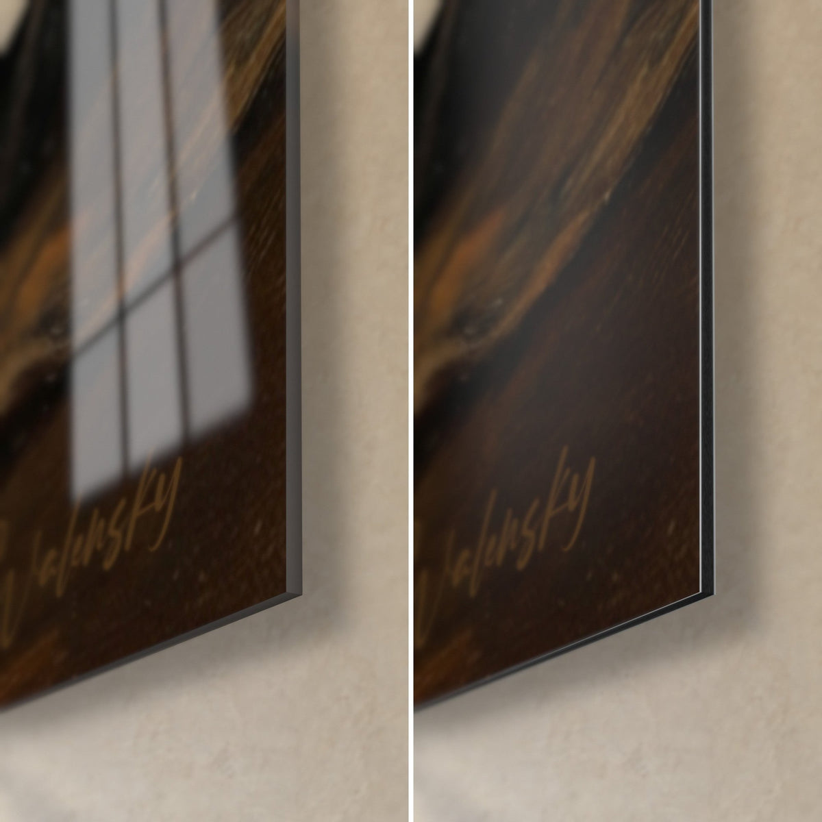 Cuadro de un molosoide dormido, esquina inferior derecha: cristal brillante con reflejos de ventana, Dibond mate marrón cobrizo, canto de 3 mm