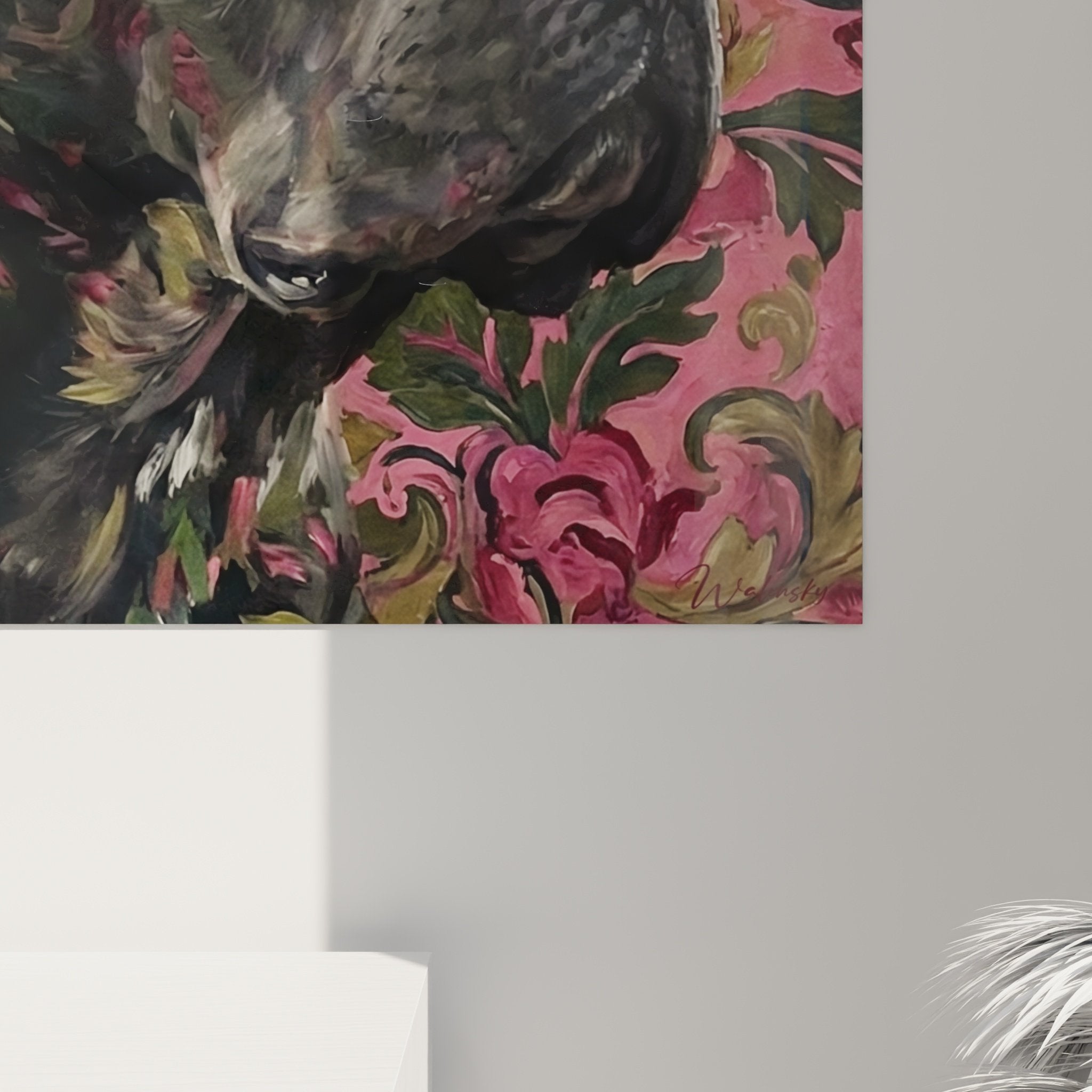 Vue ensemble tableau Cane Corso floral baroque roses composition artistique décoration intérieure