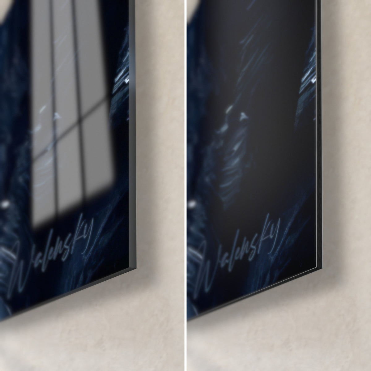 Tableau Cane Corso aux traits bleu nuit, coin bas droit, signature Walensky, verre brillant et Dibond mat sur la tranche