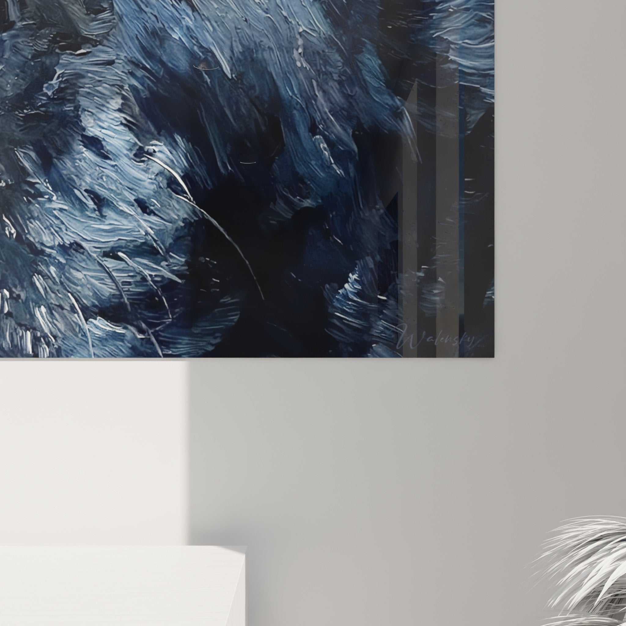 Vue ensemble tableau portrait Cane Corso bleu acier dans interieur contemporain decoration murale