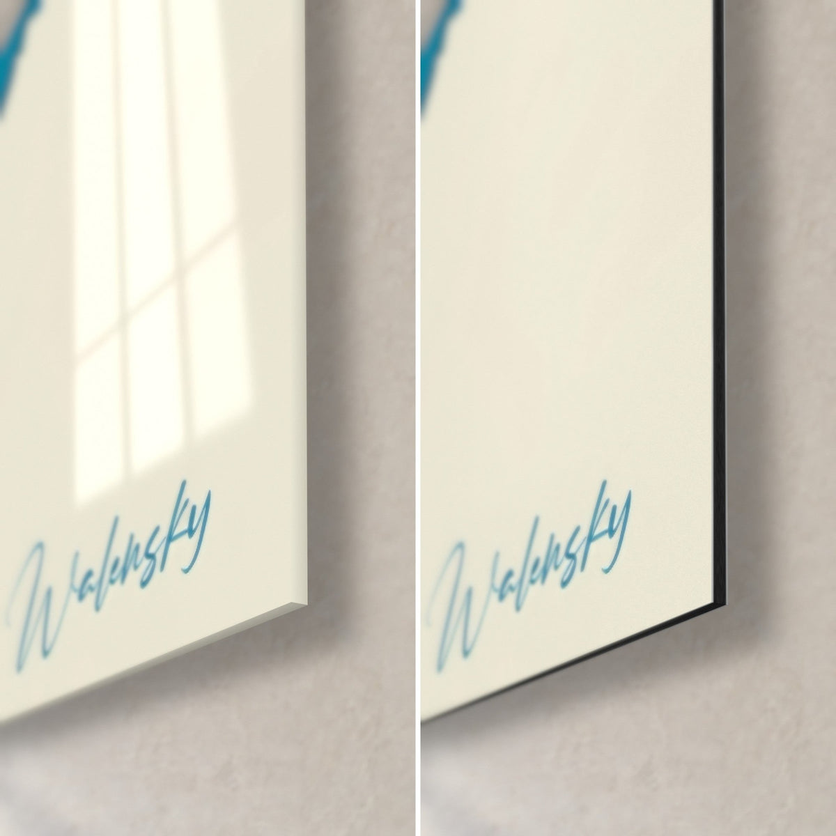 Wall art of a poodle in colourful painting, bottom right corner: turquoise signature, glossy acrylic glass on the left, matte black Dibond on the right