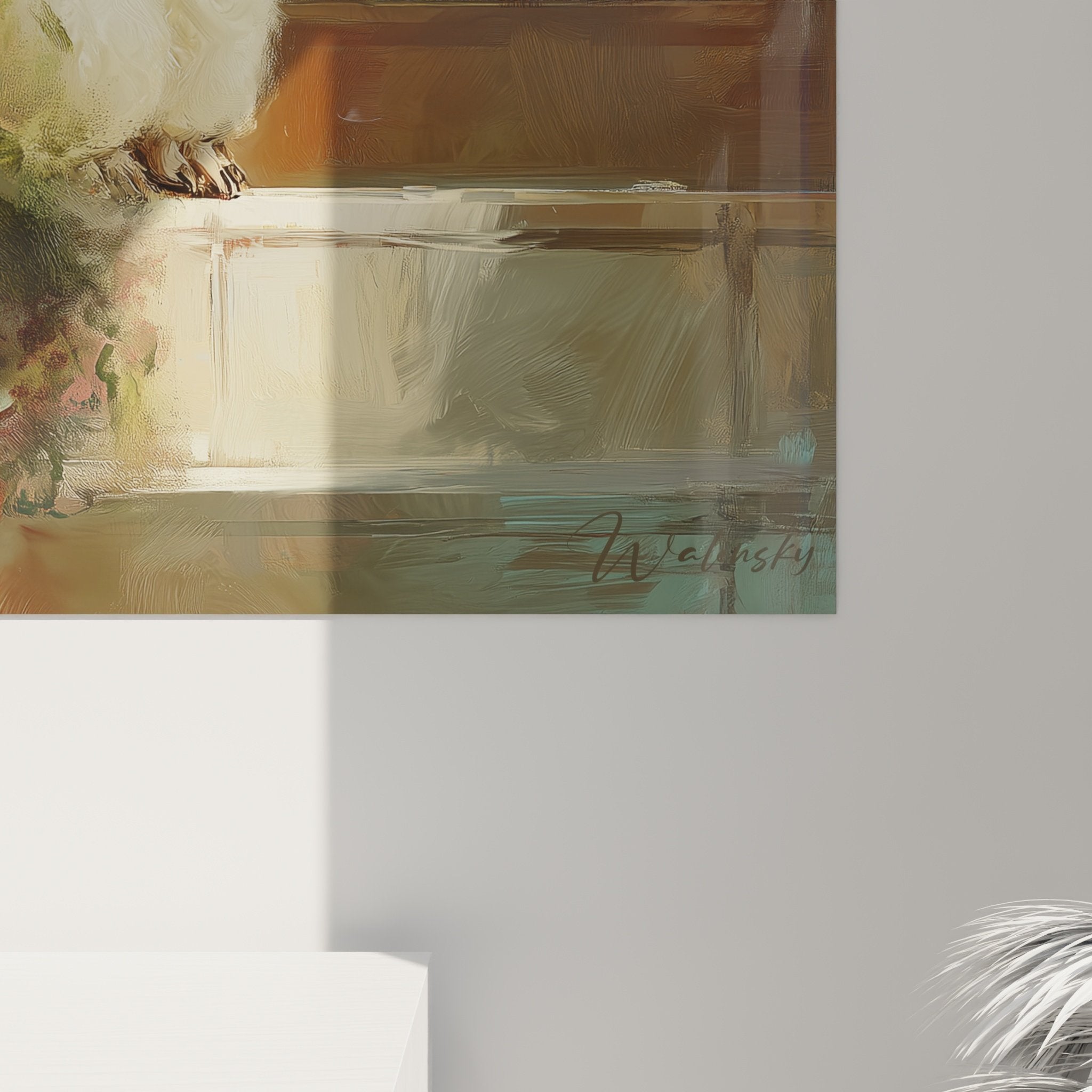 vue ensemble tableau caniche balcon fleuri vegetation luxuriante architecture colonnes style classique