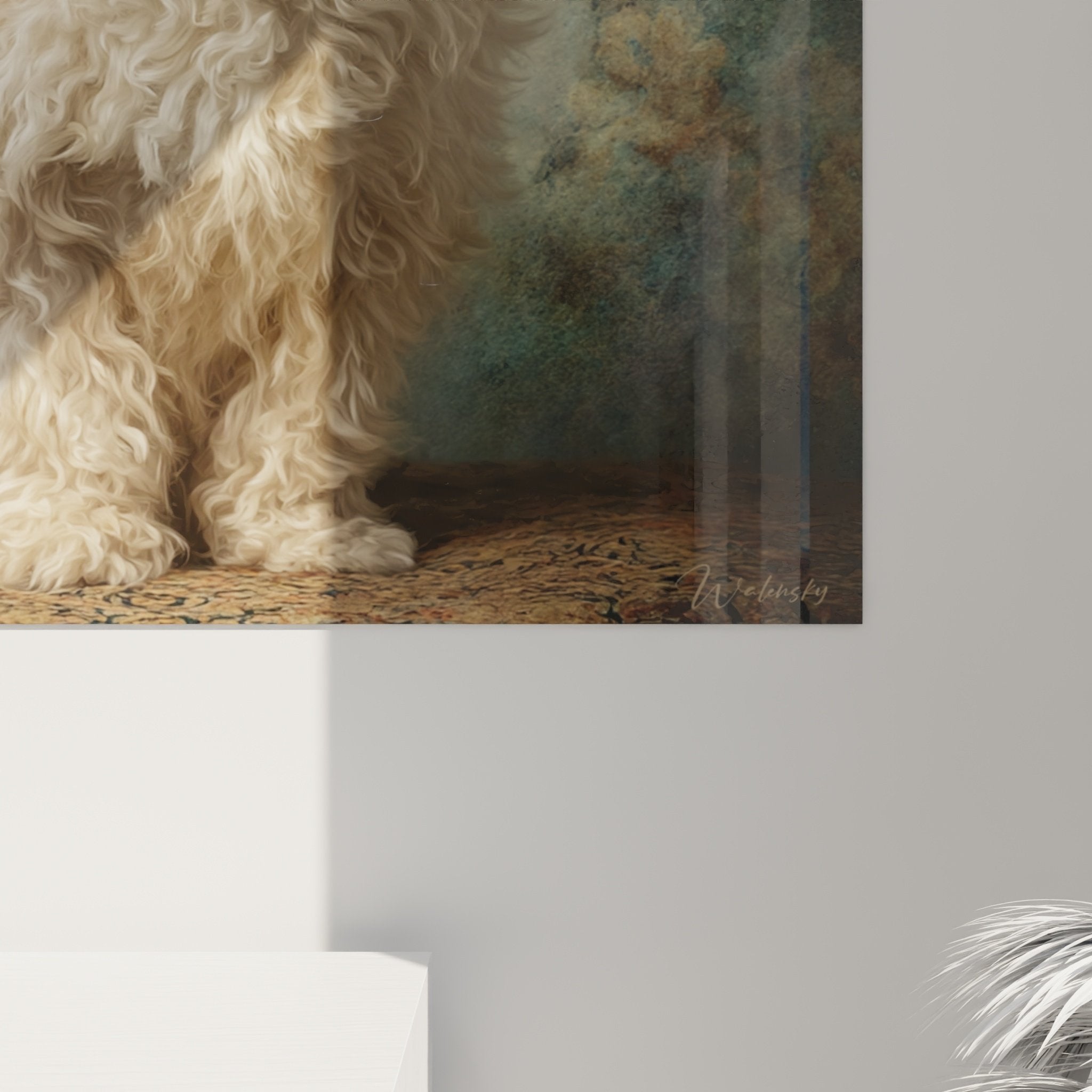 Vue ensemble portrait caniche creme decoration interieur ambiance cocooning naturelle