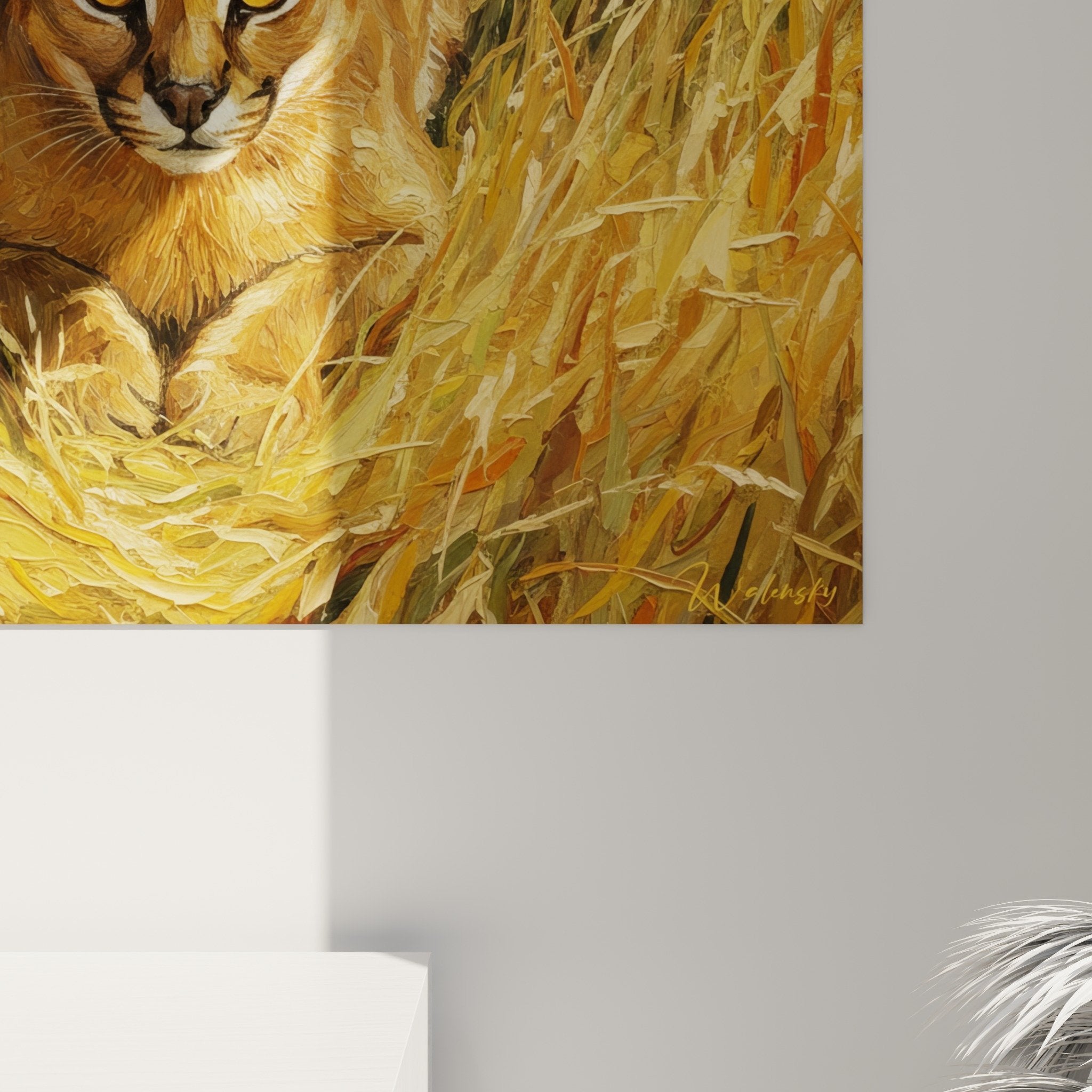 Gesamtansicht Caracal-Gemälde in Vegetation getarnt, Tierkunst in Ocker- und Kupfertönen