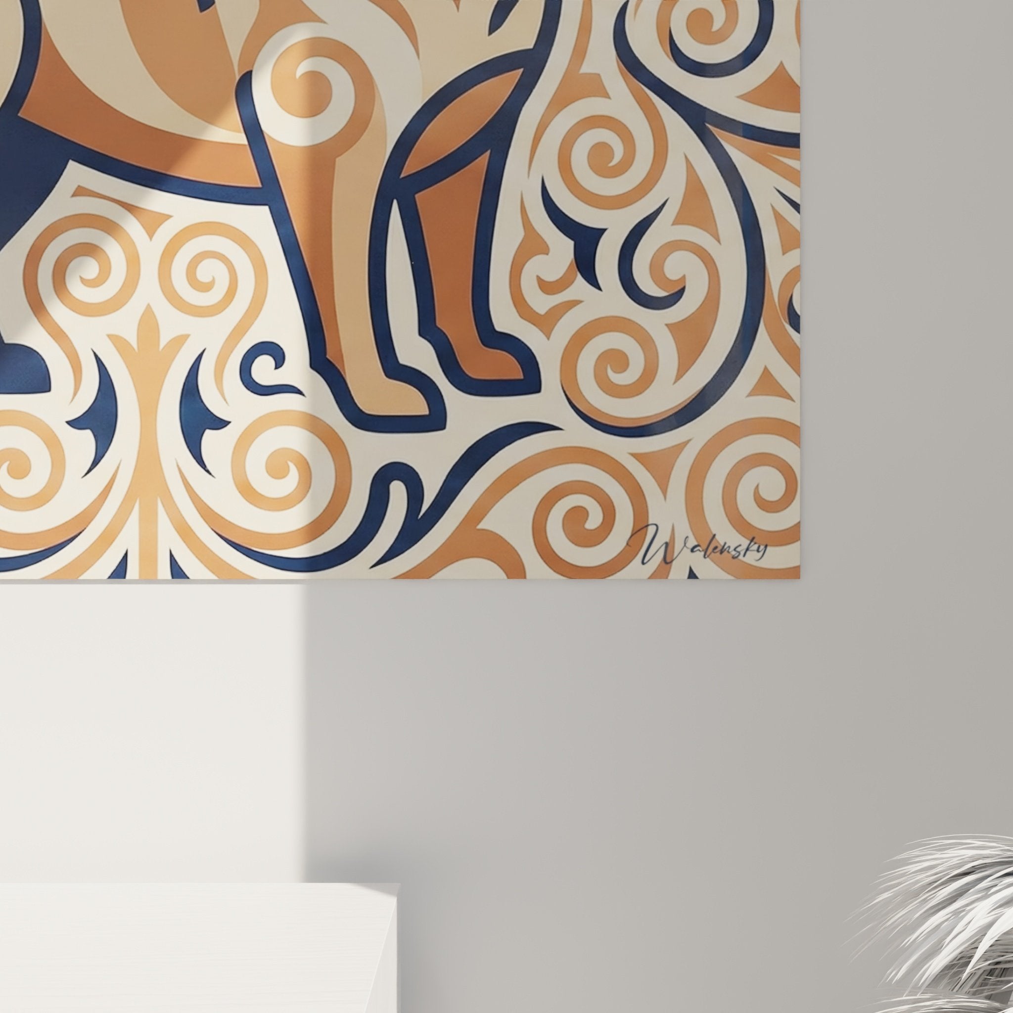 Overall view decorative pug painting ornamental scrolls art nouveau style ochre cream tones