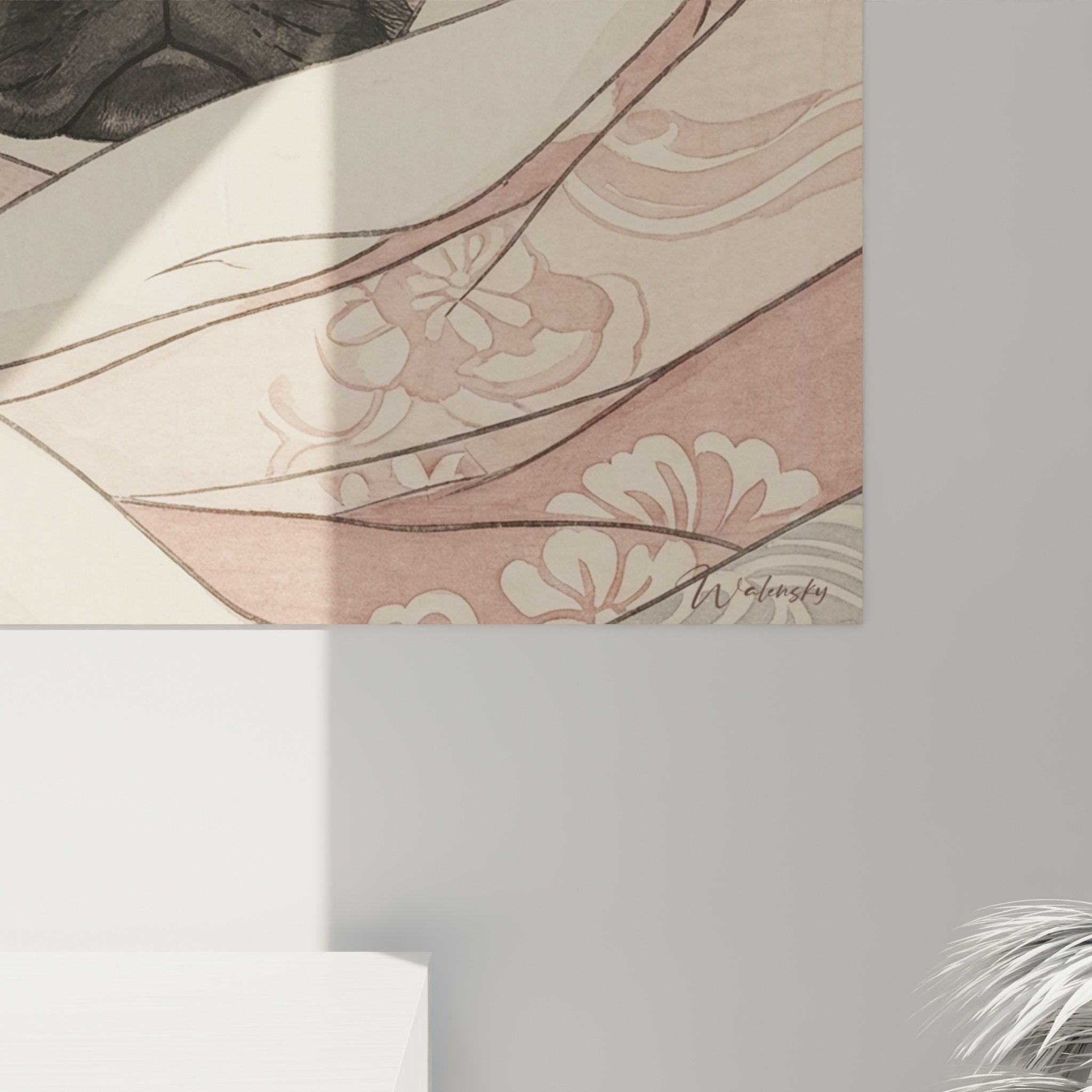 Gesamtansicht Mops-Gemälde mit Kapuze, dekorative Blumenmuster, Puderrose- und Crème-Palette