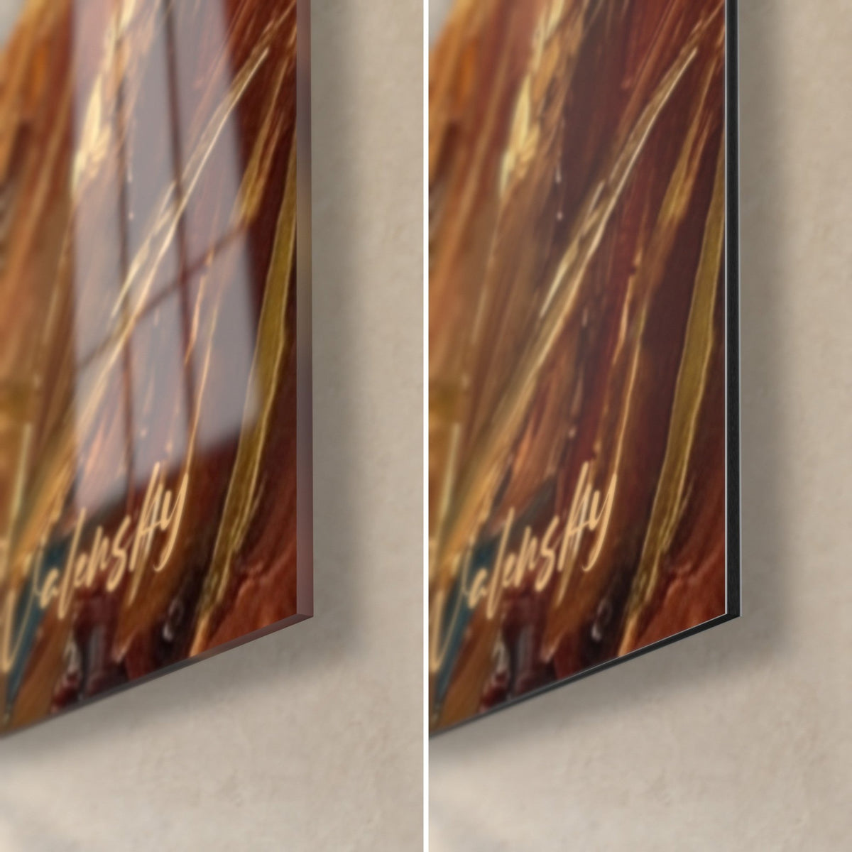 Wall art dog with black muzzle and ochre wheat ears, bottom right corner: glossy acrylic glass on the left, matte brushed Dibond aluminium on the right, 3 mm edge