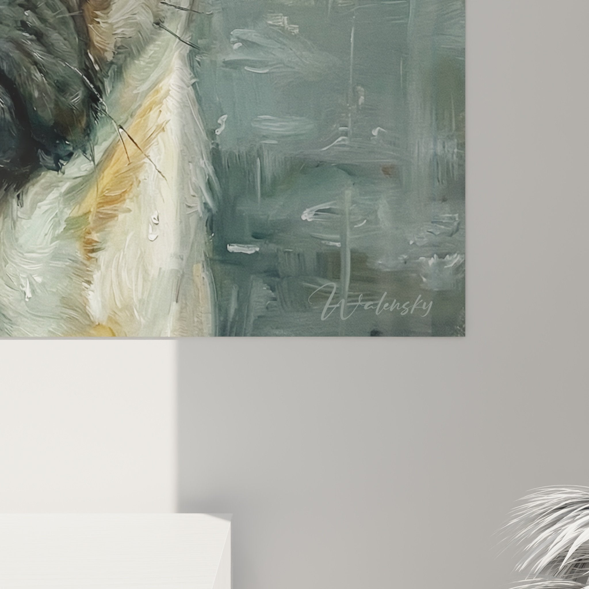 Gesamtansicht Wandbild Mops im Regen in sanften Grautönen emotionales Hundeportrait zeitgenössische Kunst