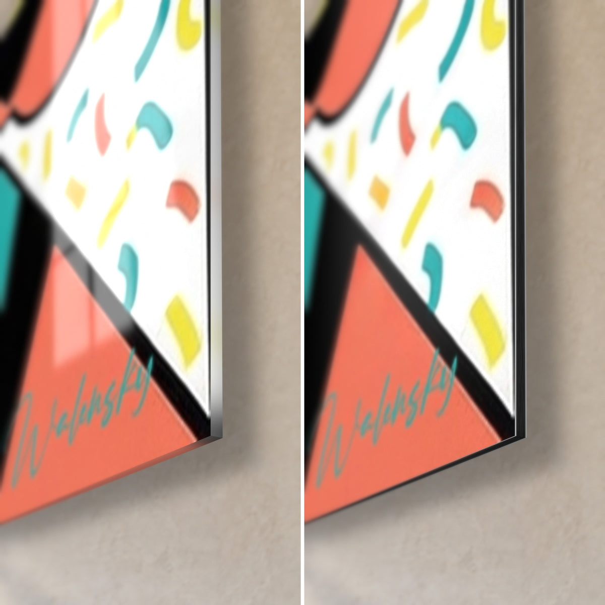 Gemälde Mops-Kaleidoskop, untere rechte Ecke: glänzendes Glas links, mattes Dibond rechts, gelbe und korallrote Konfetti, 3 mm Kante