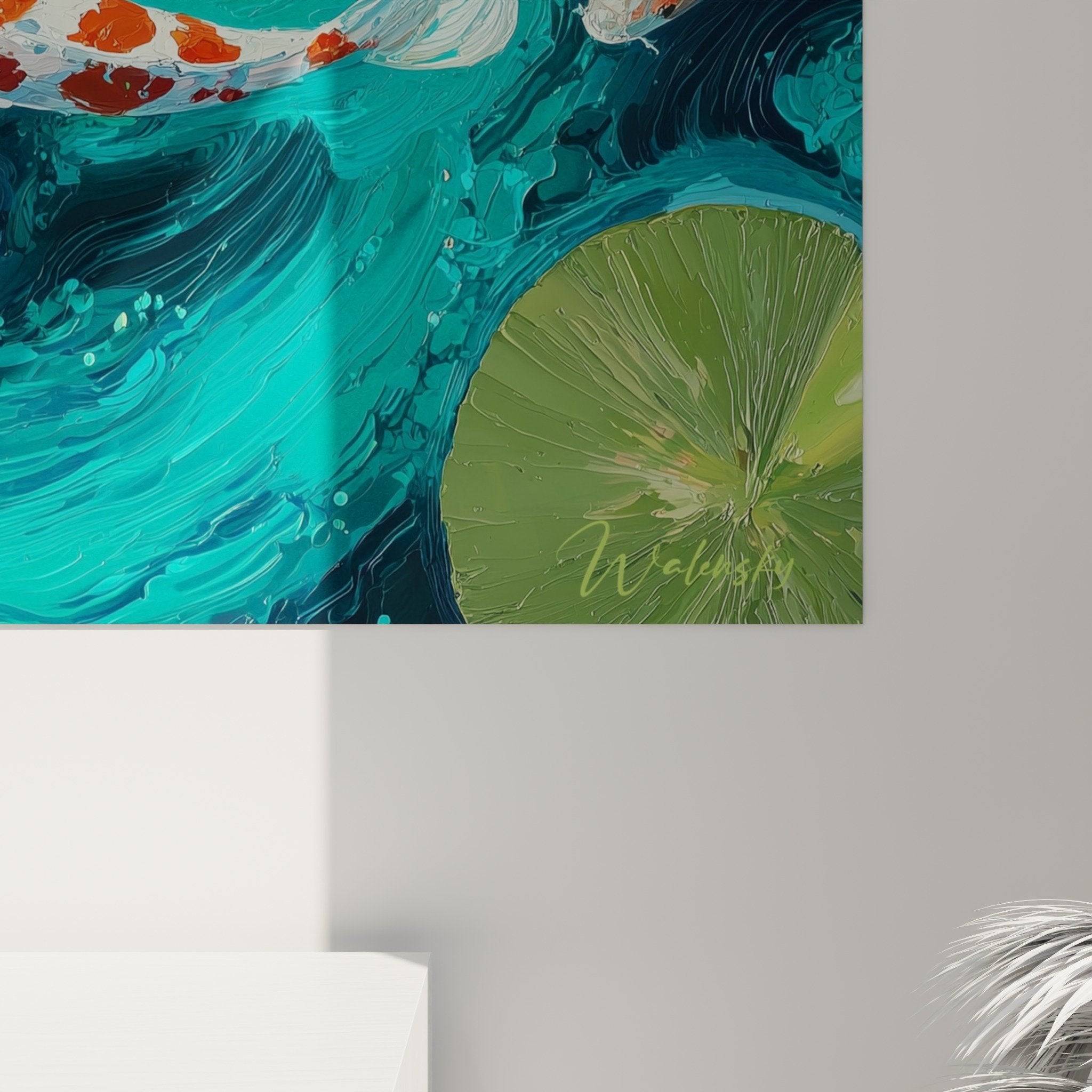 Vue ensemble tableau carpes koi salon decoration murale style japonais contemporain