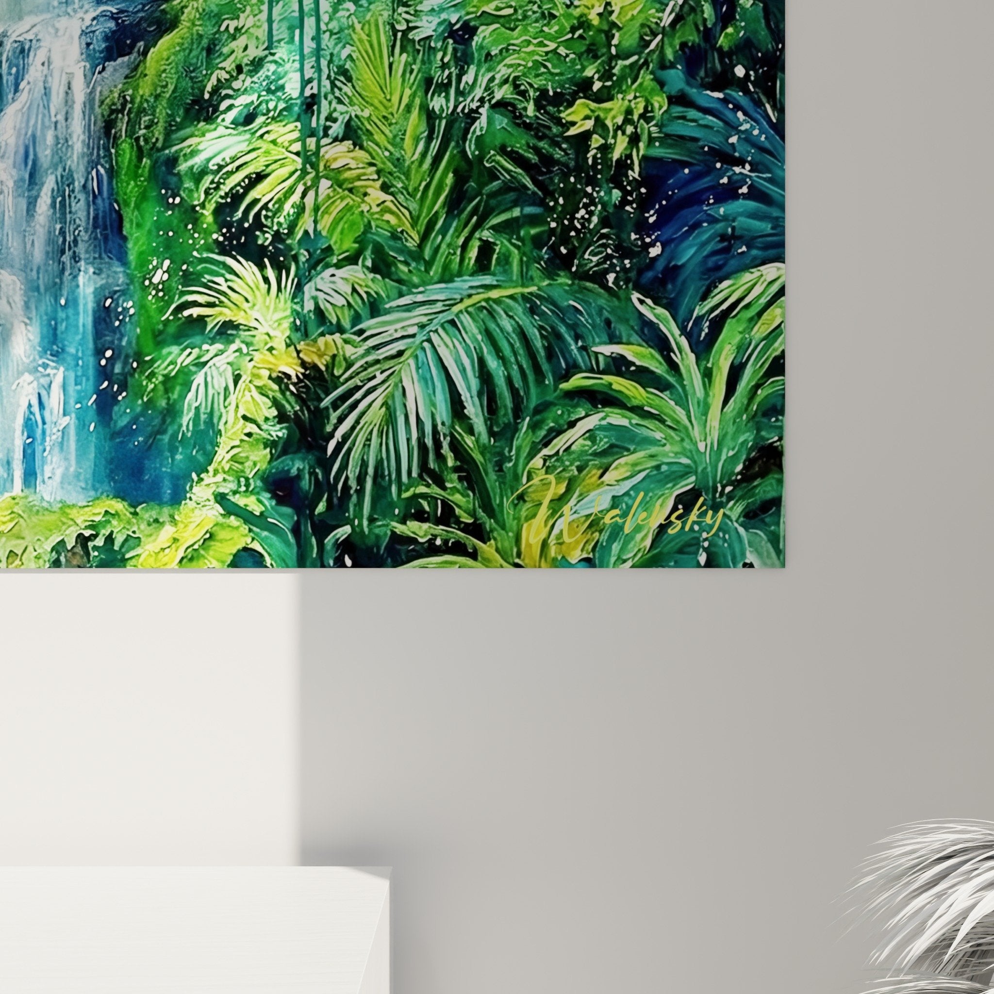 Vue ensemble tableau cascade Bali dans interieur moderne decoration tropicale zen