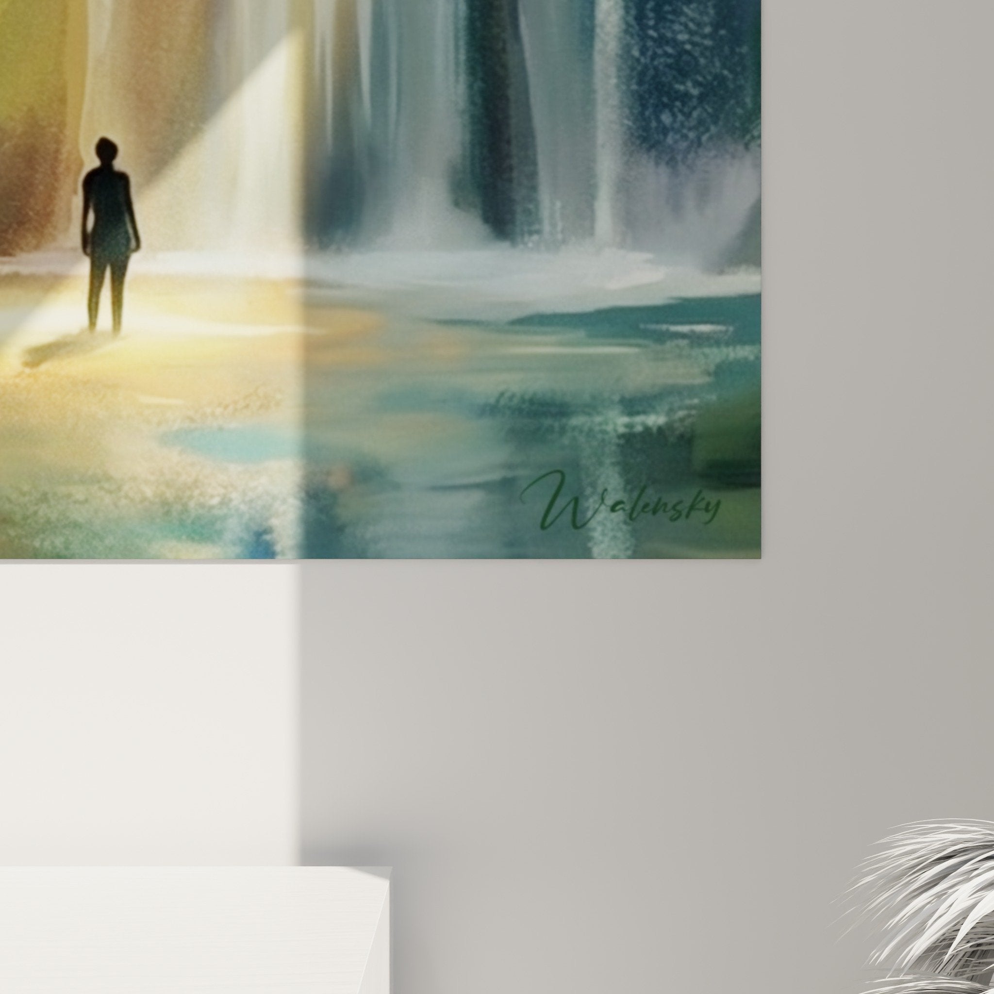 Complete view tropical waterfall artwork interior decoration green and gold tones bali style