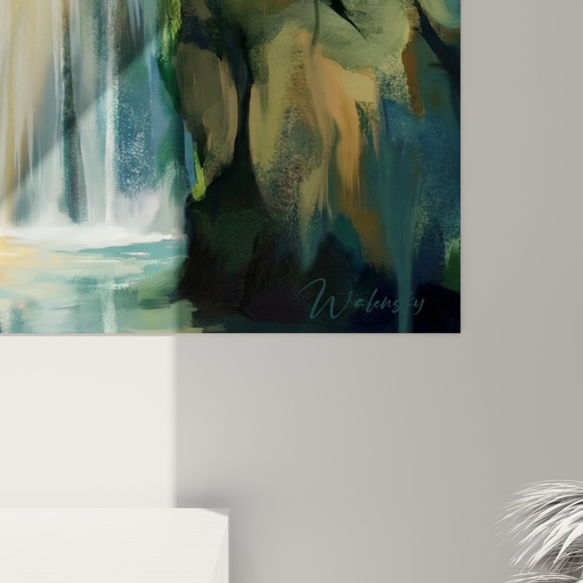 gesamtansicht mystischer wasserfall kunstdruck modernes wohnzimmer wanddekoration natur kontemplativ bali