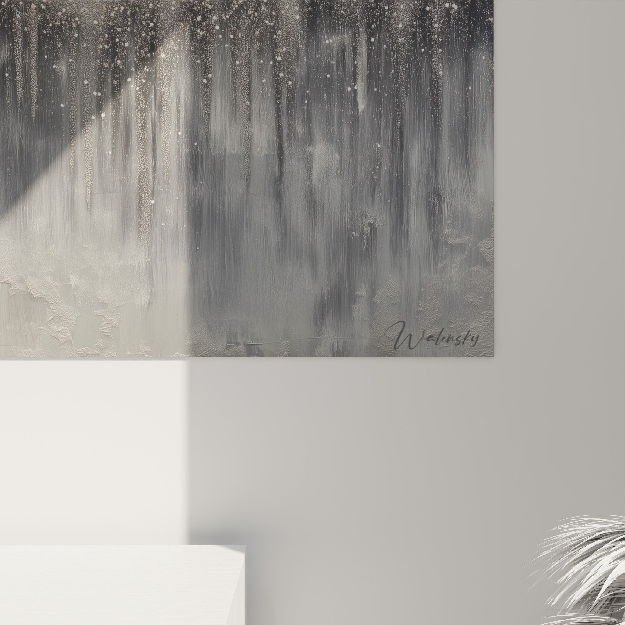 Vue ensemble tableau cascade abstraite gris blanc deco salon feng shui ouest metal ambiance zen