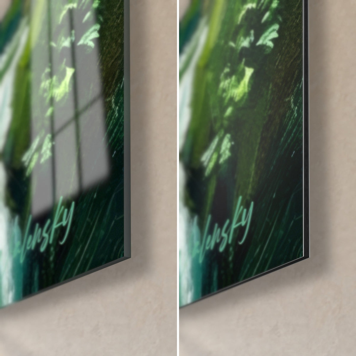 Wall art bather with arms open before the waterfall, bottom right corner: glossy glass with emerald green reflections, matte Dibond aluminum, 3 mm thickness