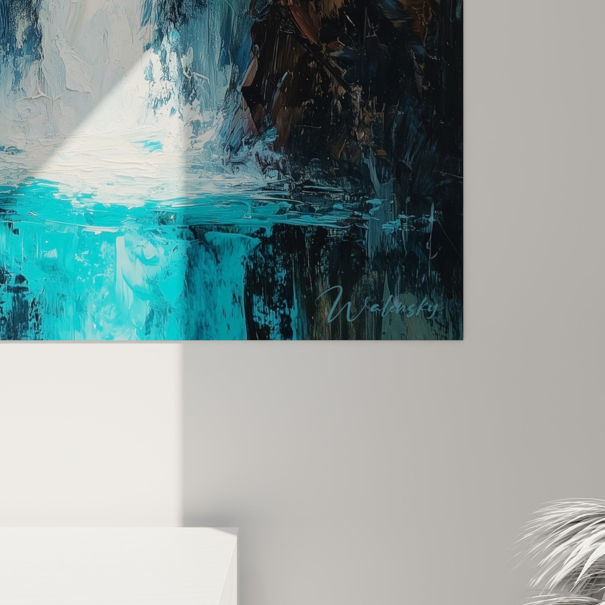 Overall view vertical waterfall white painting colored cliffs feng shui north