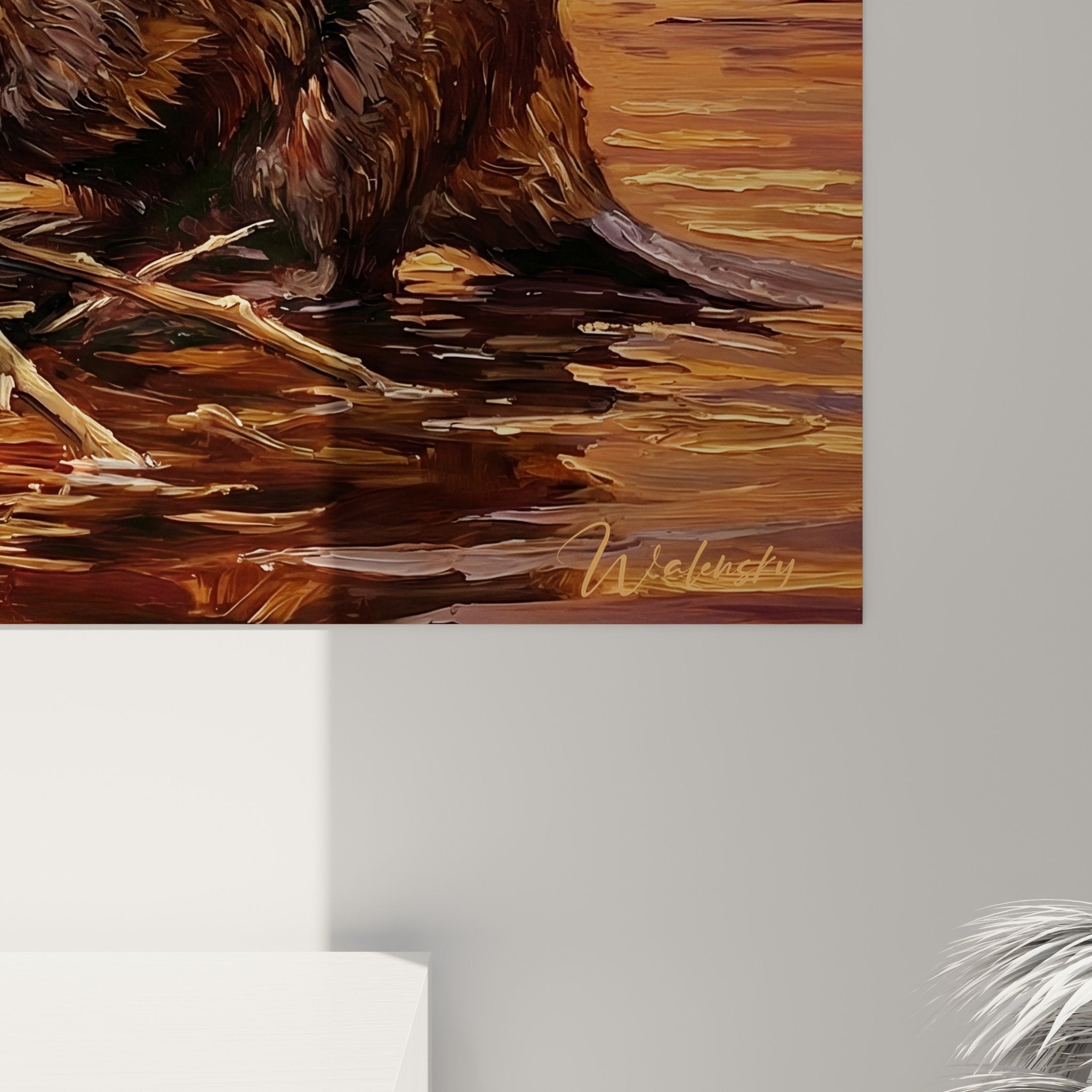 Gesamtansicht Wandgemälde Biber Baumeister Sonnenuntergang Palette warmer orangefarbener Töne