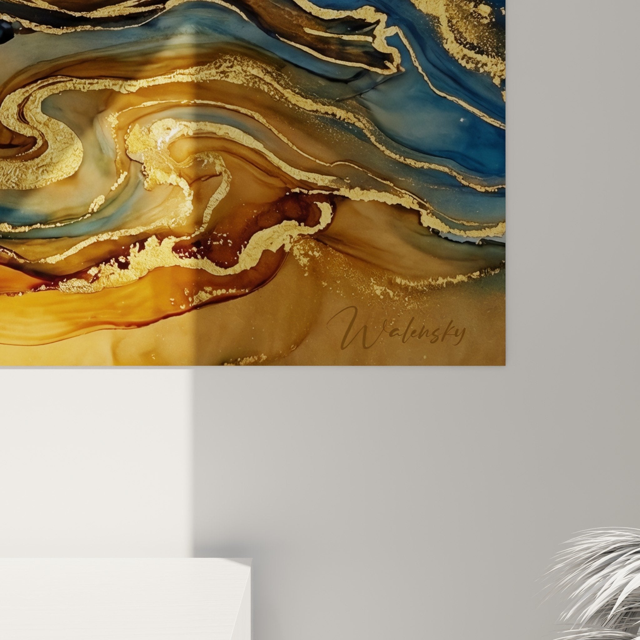Gesamtansicht Biber-Fluss-Gemälde goldene blaue Ocker-Natureinrichtung chic Interieur