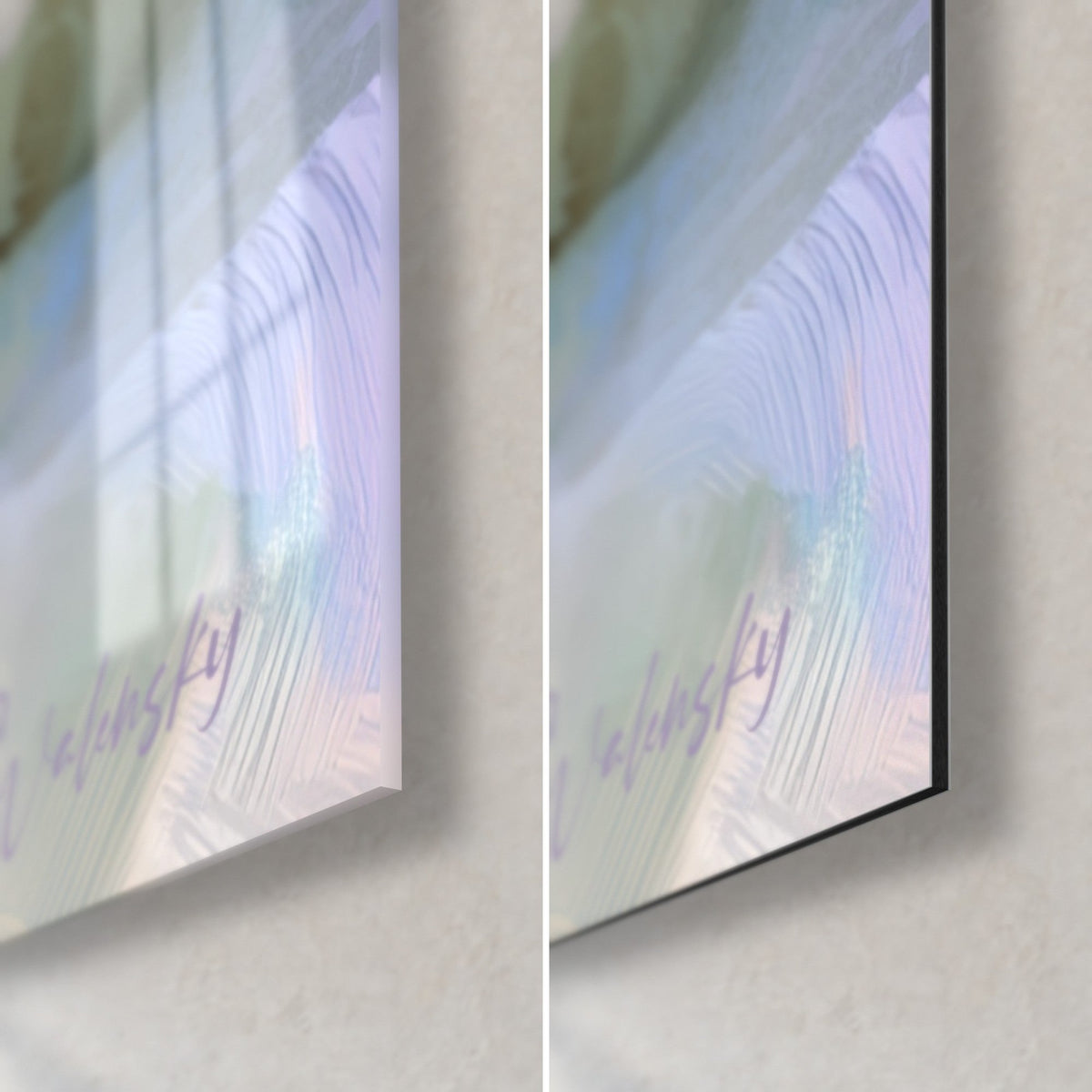 Wall art of a Cavalier King Charles painting, bottom right corner: glossy acrylic glass on the left, matte black Dibond aluminium on the right, 3 mm edge