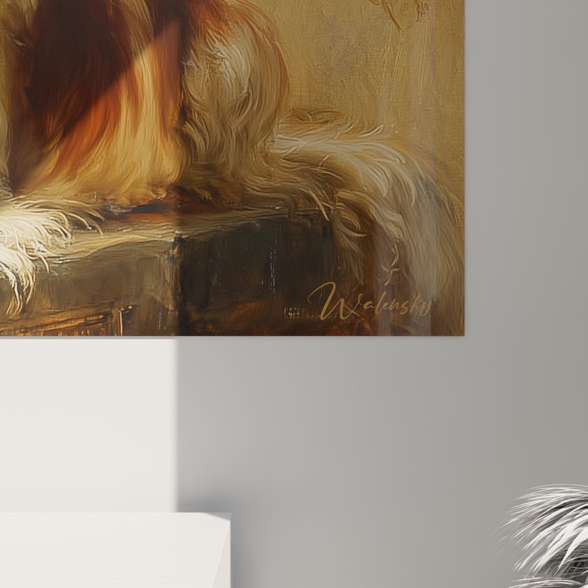 Vue détaillée tableau Cavalier King Charles avec vases décoratifs orientaux et fruits dans intérieur raffiné