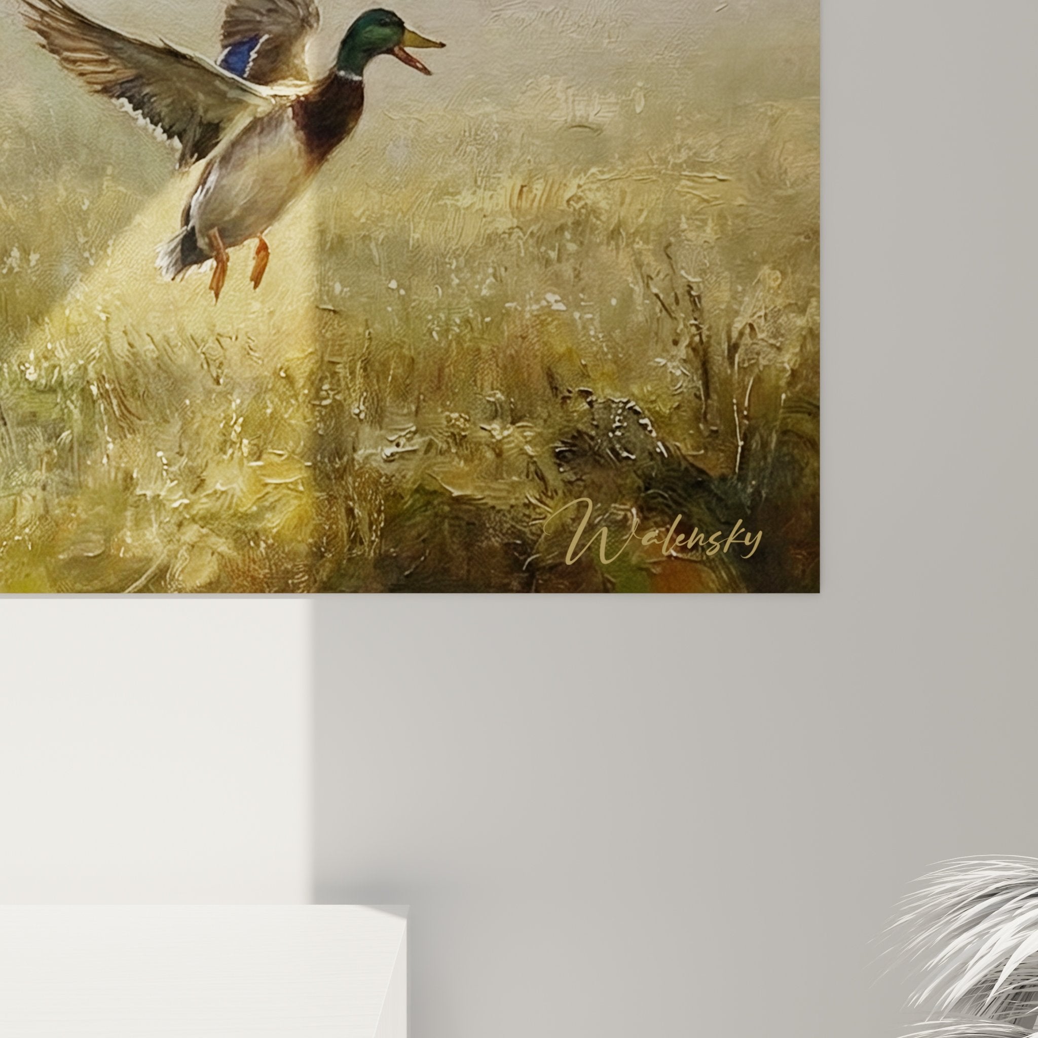 Gesamtansicht Enten-Jagd-Gemälde Corgi Pembroke Wanddekoration englischer Cottage-Stil warme Töne