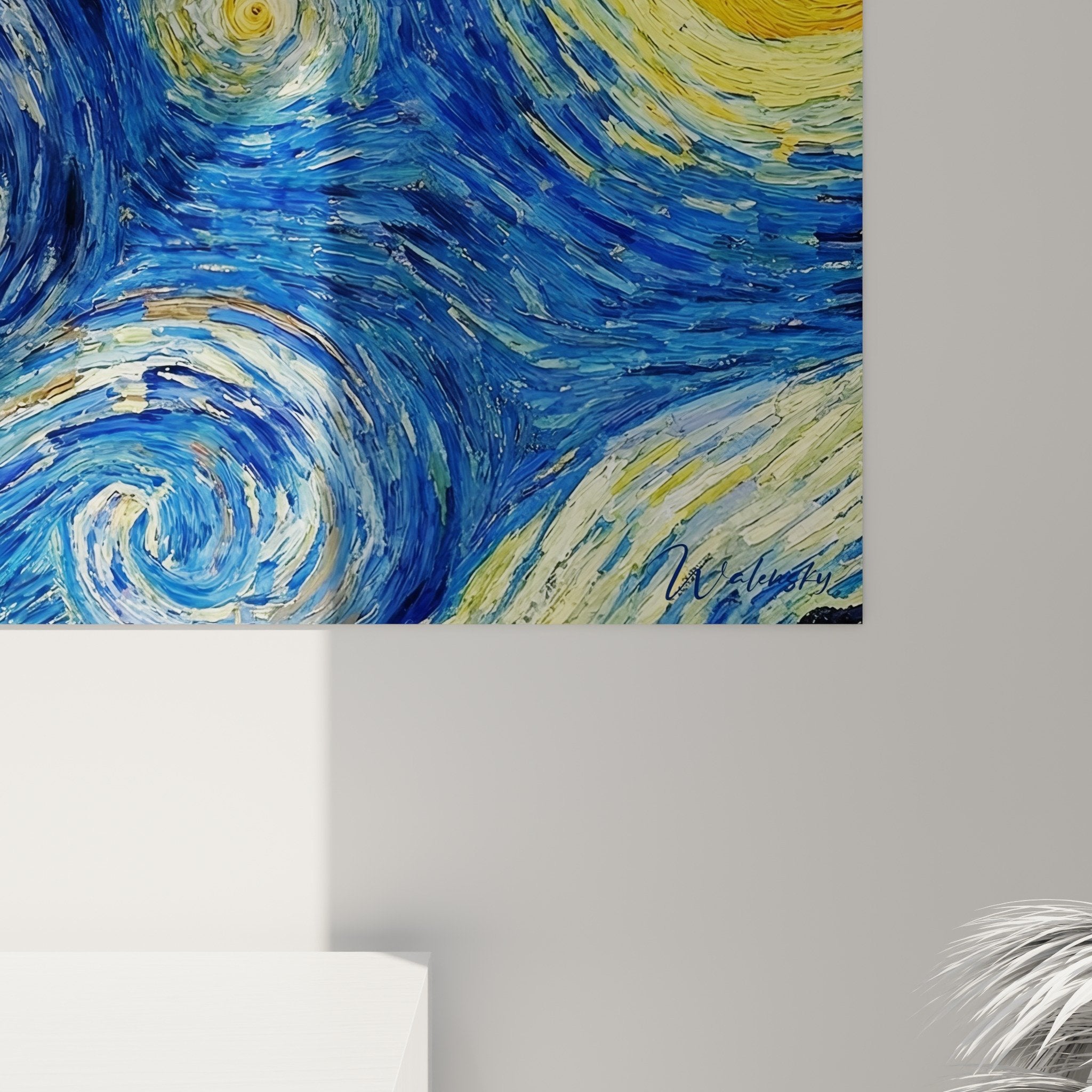 Vue ensemble tableau chauve-souris nuit etoilee bleu or style artistique post-impressionniste decoration