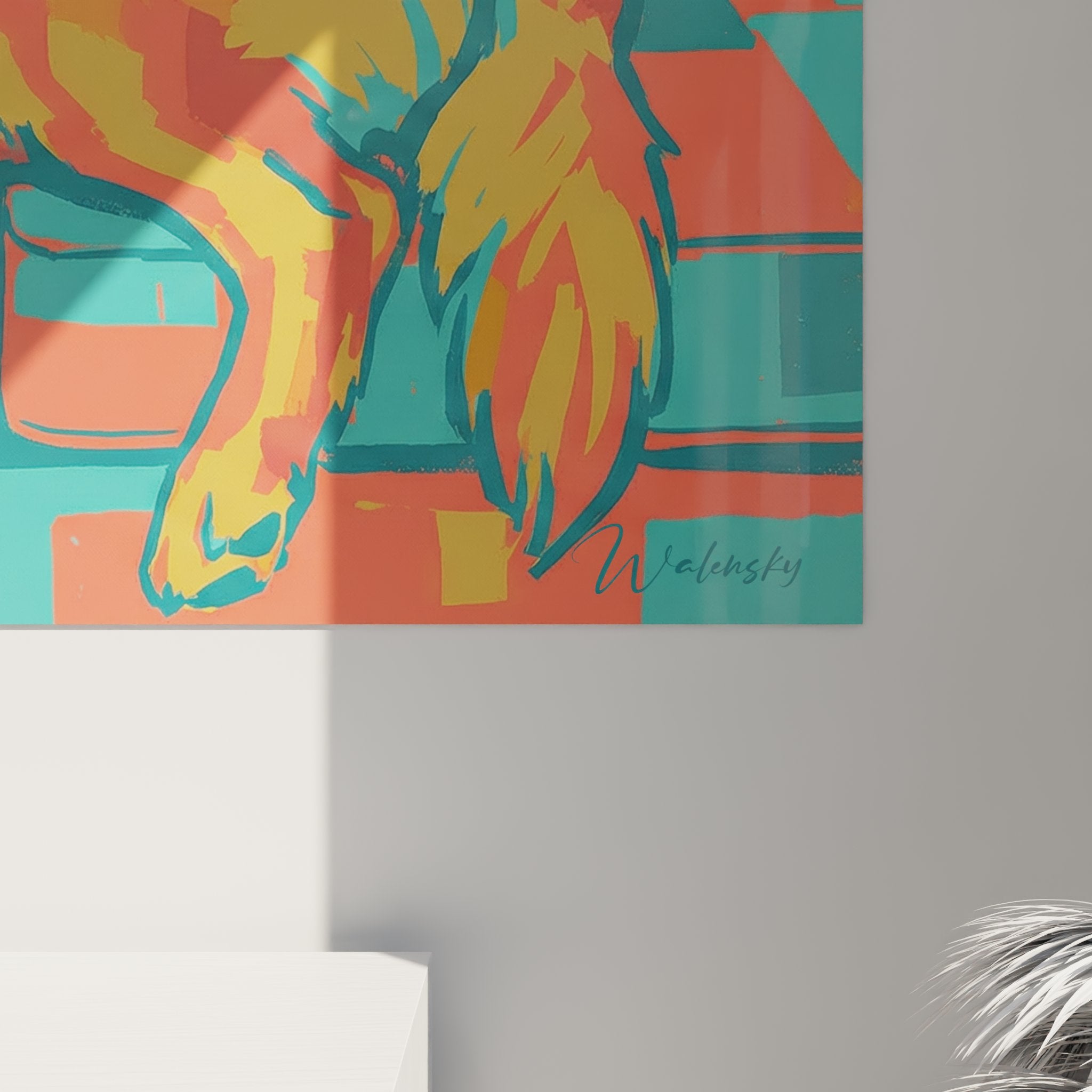 Gesamtansicht Golden Retriever Ruhe Gemälde, Korallen-Türkis-Palette, moderne Wanddekoration