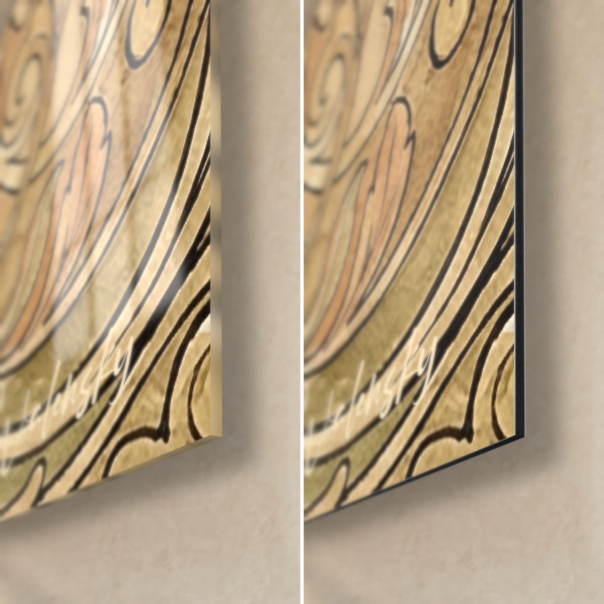 Wall art small dog with ochre arabesques, bottom right corner: glossy acrylic glass with reflections on the left, matte black Dibond on the right, 3 mm edge