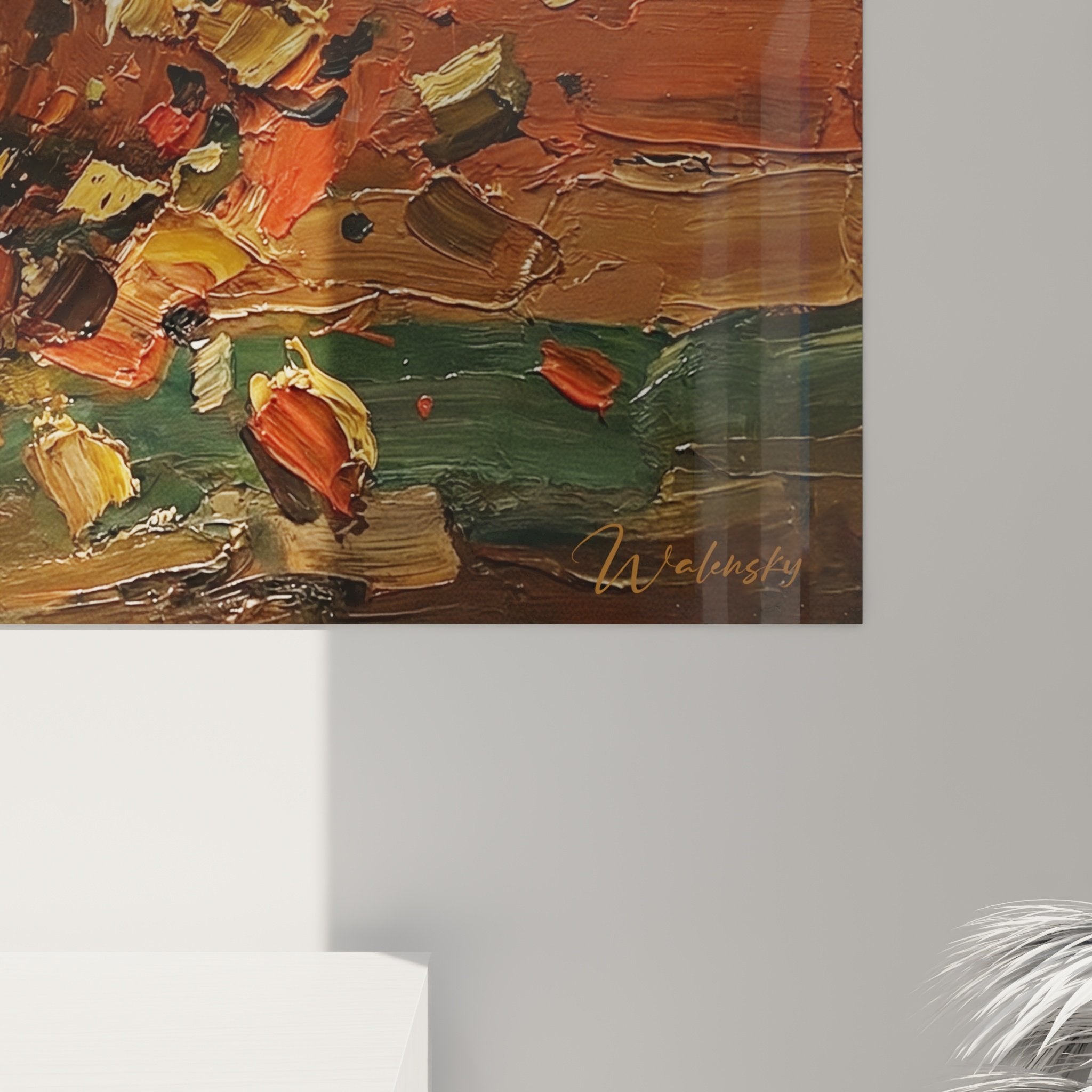 Full view jack russell painting autumn leaves wall decoration warm orange and russet tones