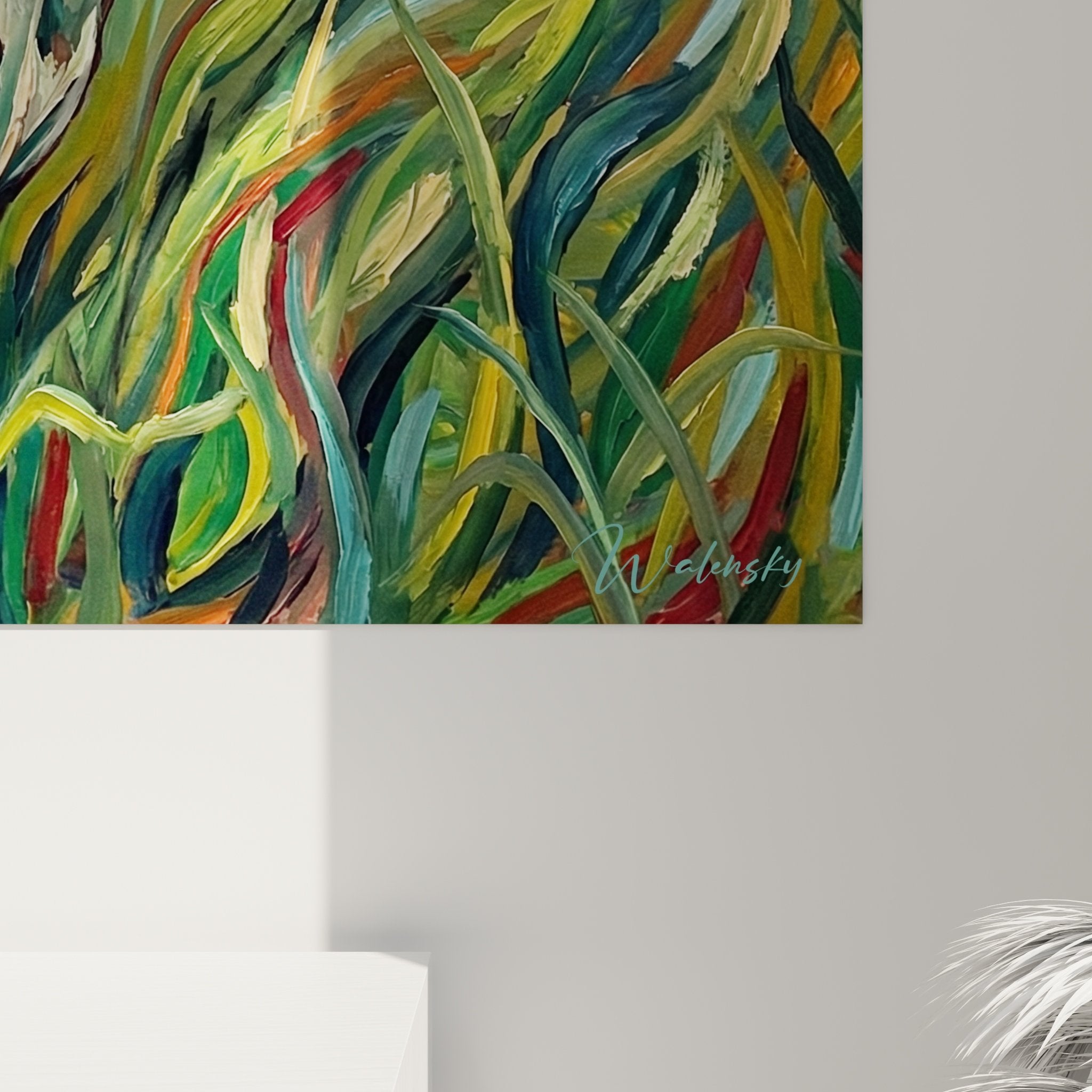 Gesamtansicht Basenji Hund rot Hochgras grüne farbenfrohe Komposition moderne Wandkunst
