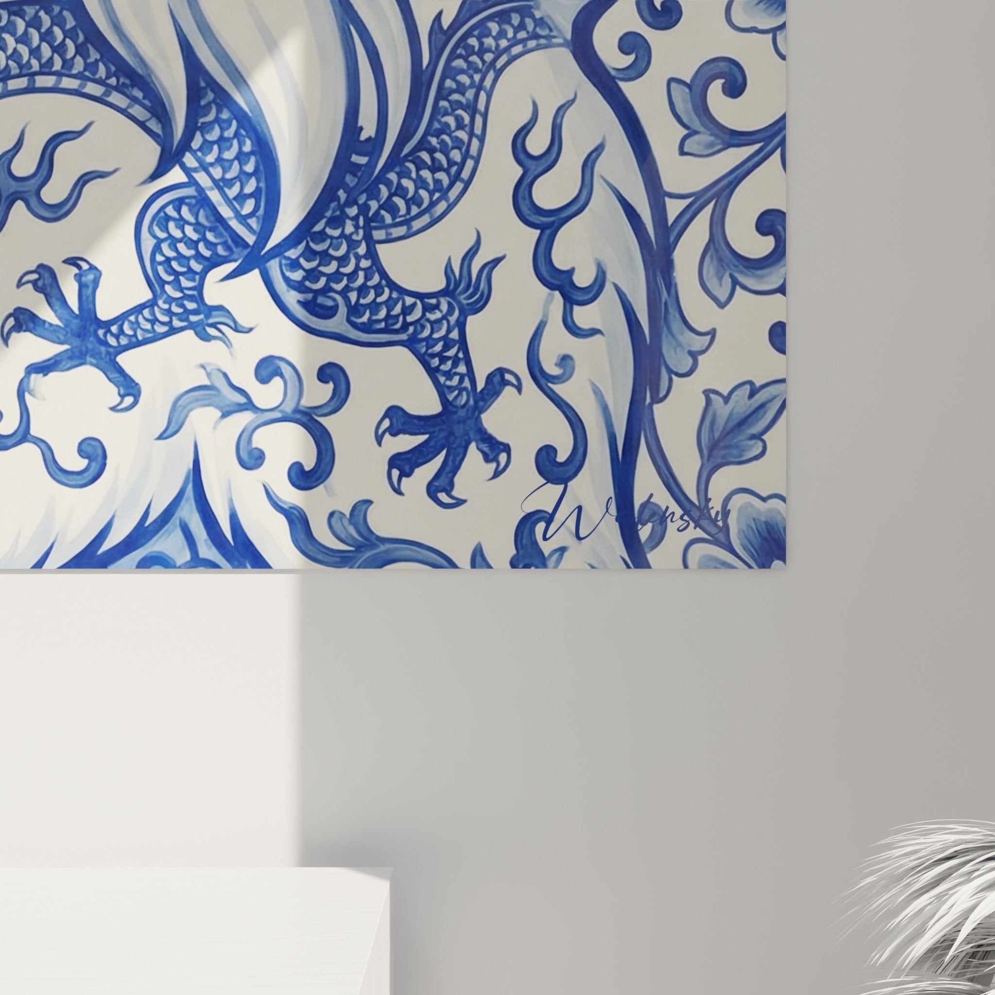 Vue d'ensemble tableau décoratif Bichon Maltais style chinois traditionnel bleu et blanc pour intérieur